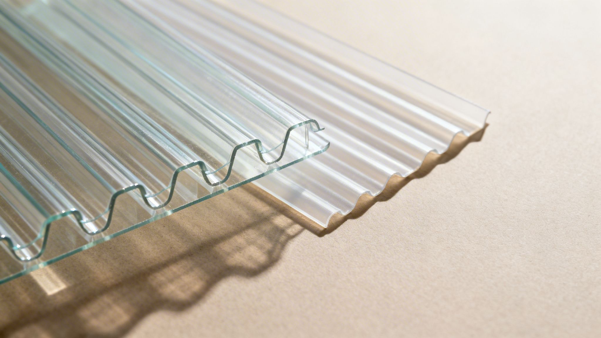 Gennemsigtige bølgeplader, potentielt til tagdækning eller skillevægge, stablet ovenpå hinanden med tydelige skygger.