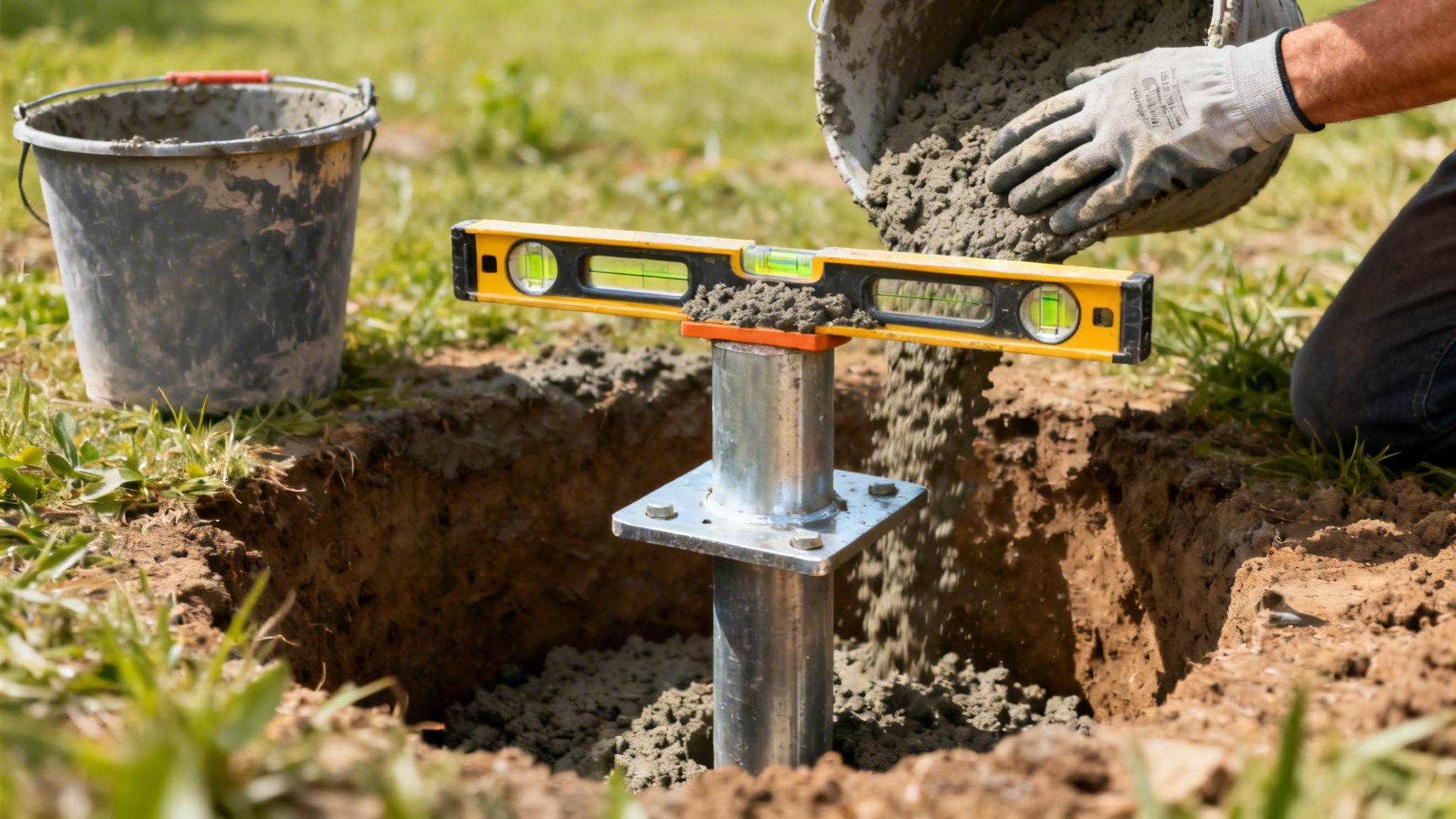 En person hælder beton omkring en stolpesko i et udgravet hul, hvor et vaterpas sikrer niveauet.