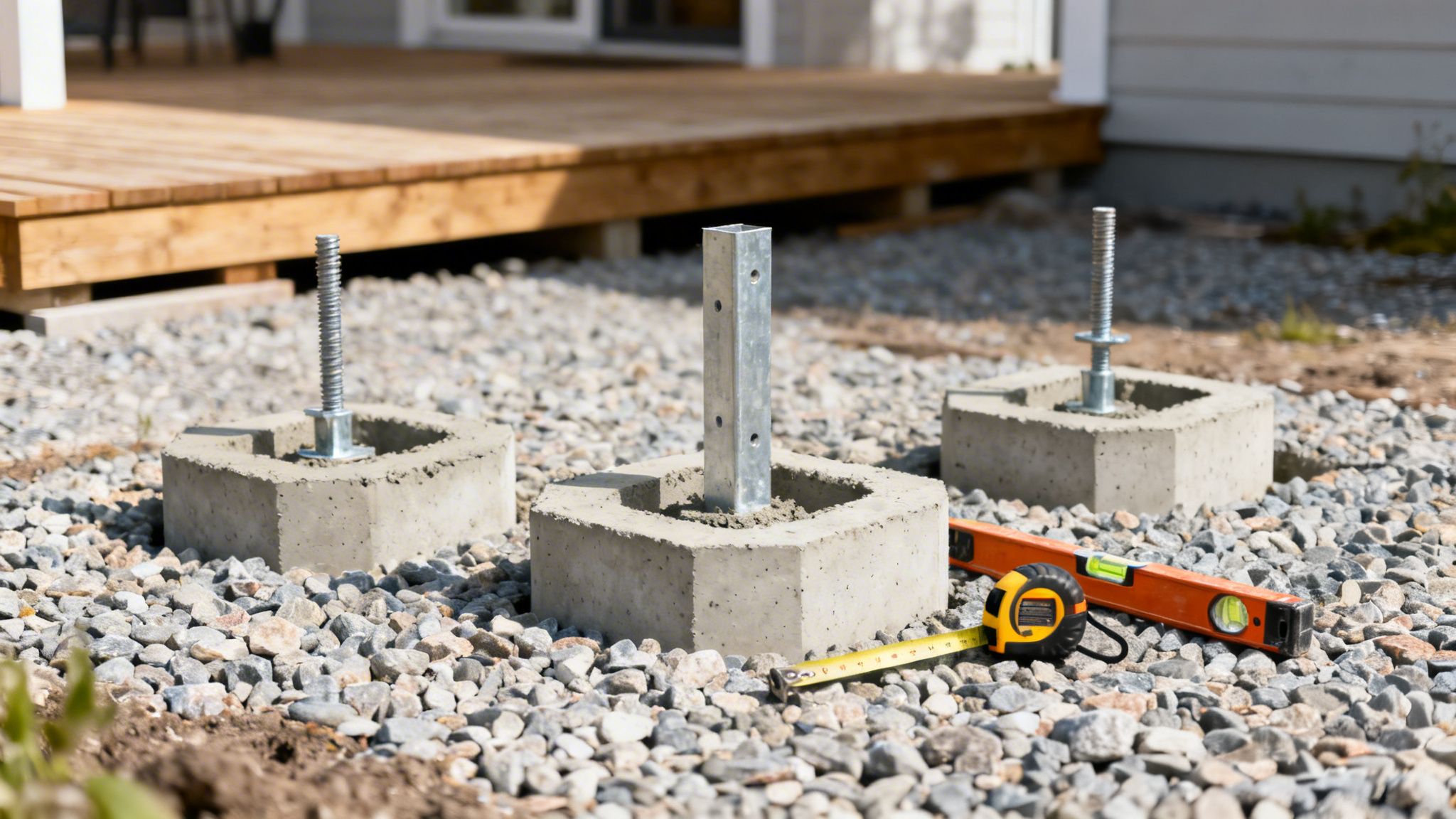 Betonfundamenter med stolpesko på grus, klar til terrassens konstruktion, med værktøj.