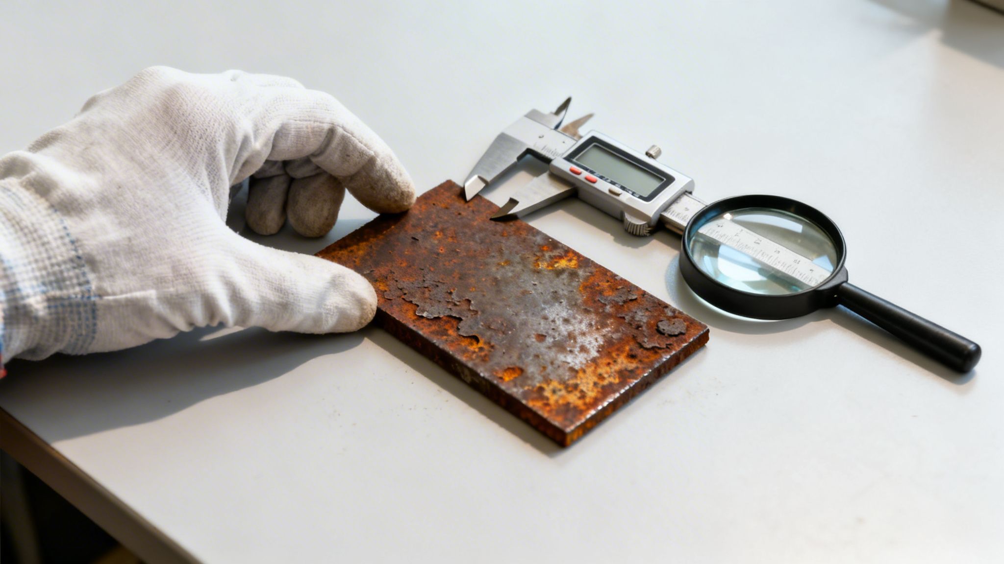 En handskeklædt hånd holder en rusten metalplade, mens en digital skydelære måler den og et forstørrelsesglas ligger ved siden af.