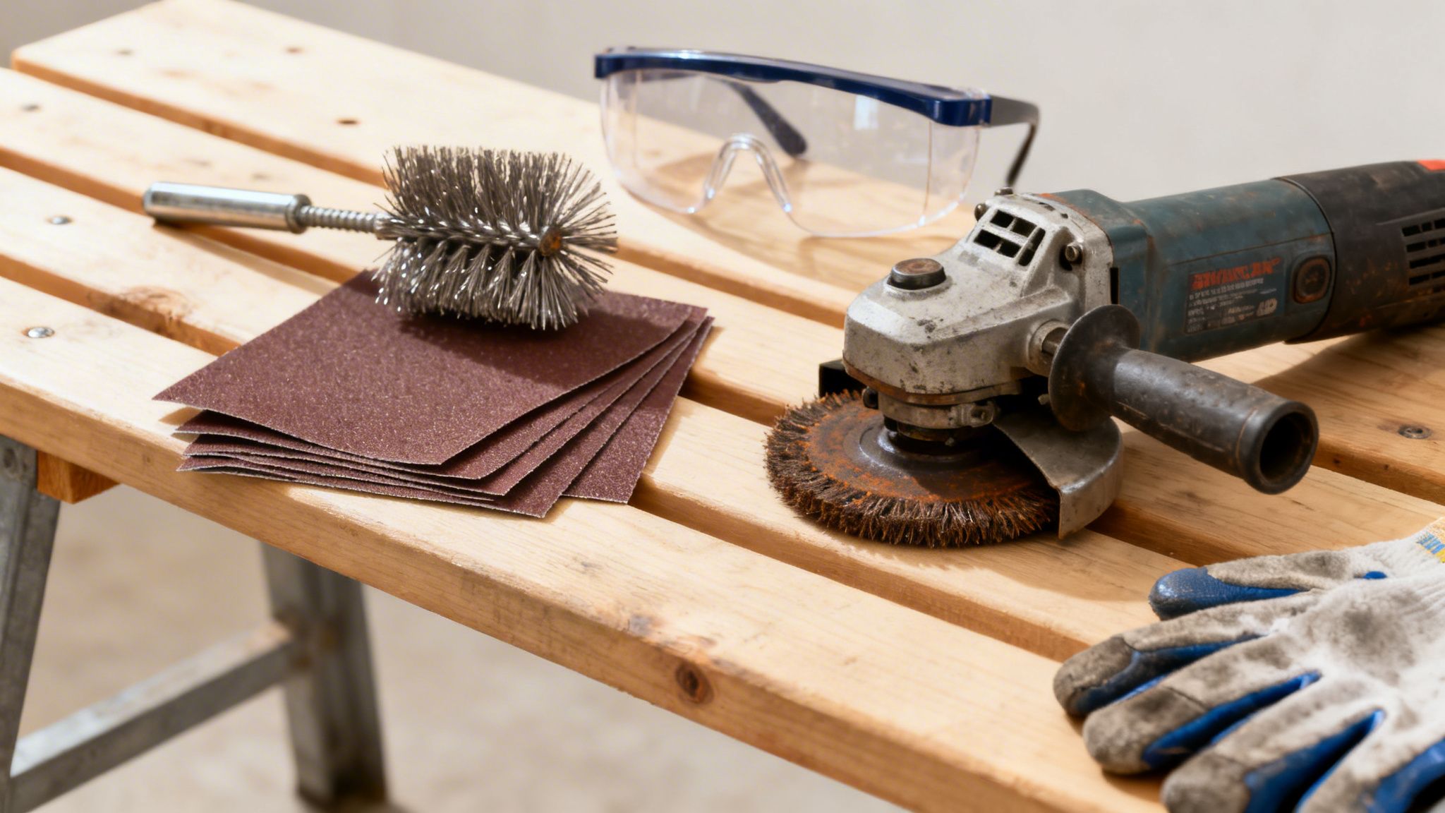 Værktøj til rustfjernelse: vinkelsliber, sandpapir, stålbørste, sikkerhedsbriller og handsker på træ.
