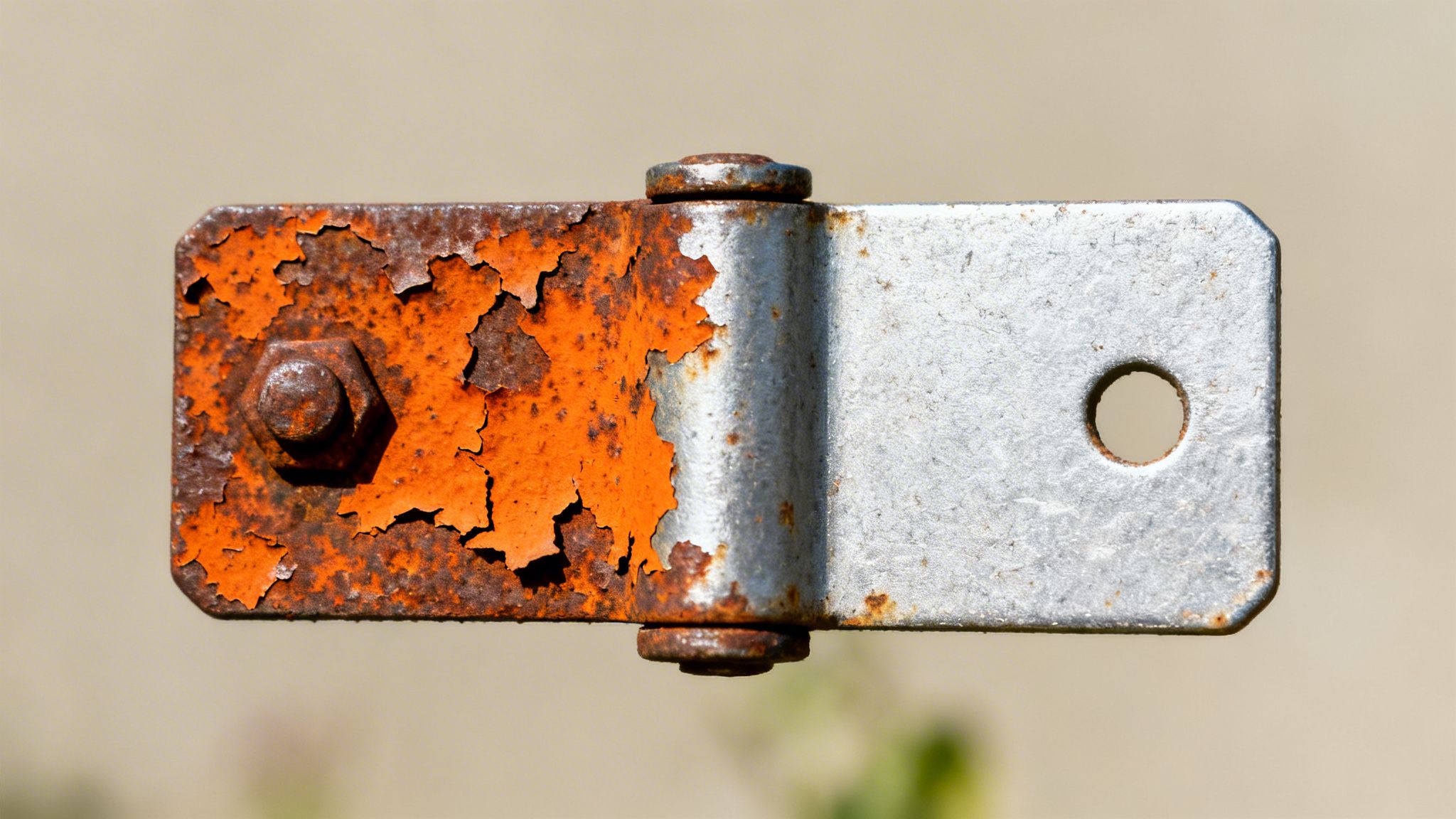 Et metalhængsel med afskallet orange maling og rust på den ene side og blankt metal på den anden.