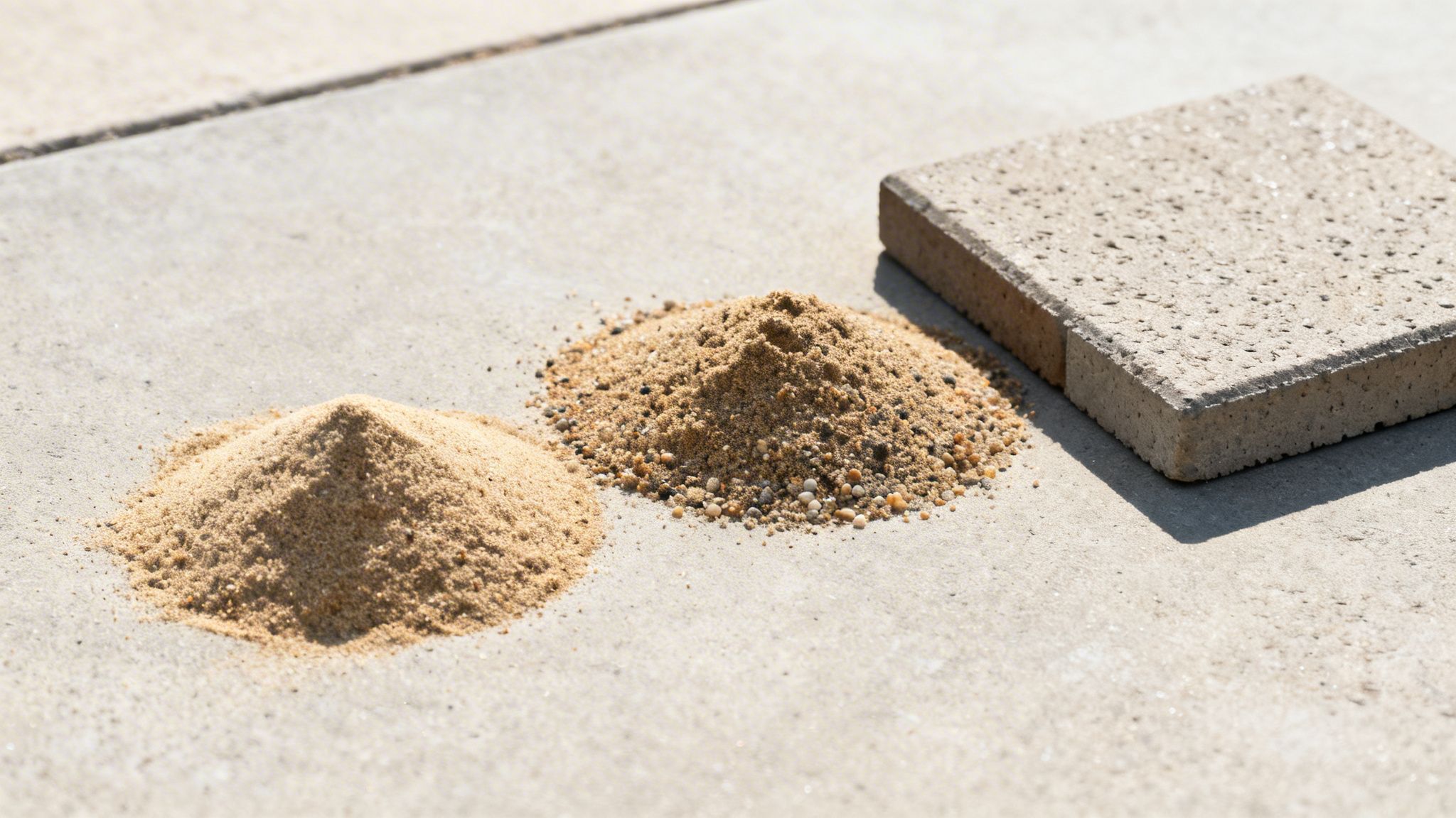 To bunker sand af forskellig grovhed og en betonflise på et lysgråt underlag, klar til anlægsarbejde.