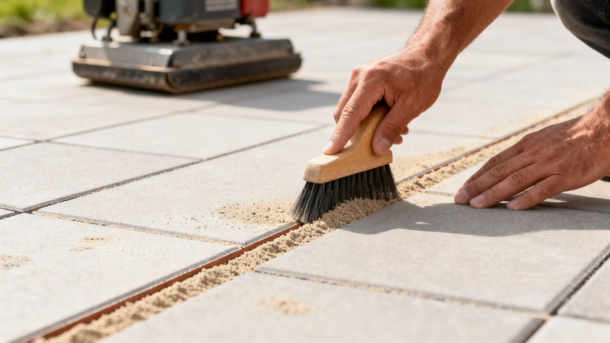 Hænder fejer fugesand ned mellem belægningsfliser for at sikre en stabil overflade.