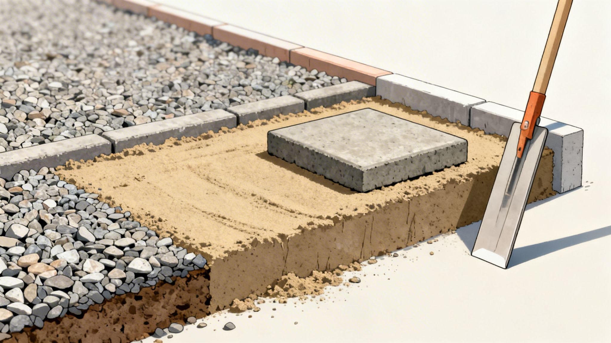 Billede viser forberedelse til fliselægning med grus, sand, fliser og en skovl i et snit gennem jorden.
