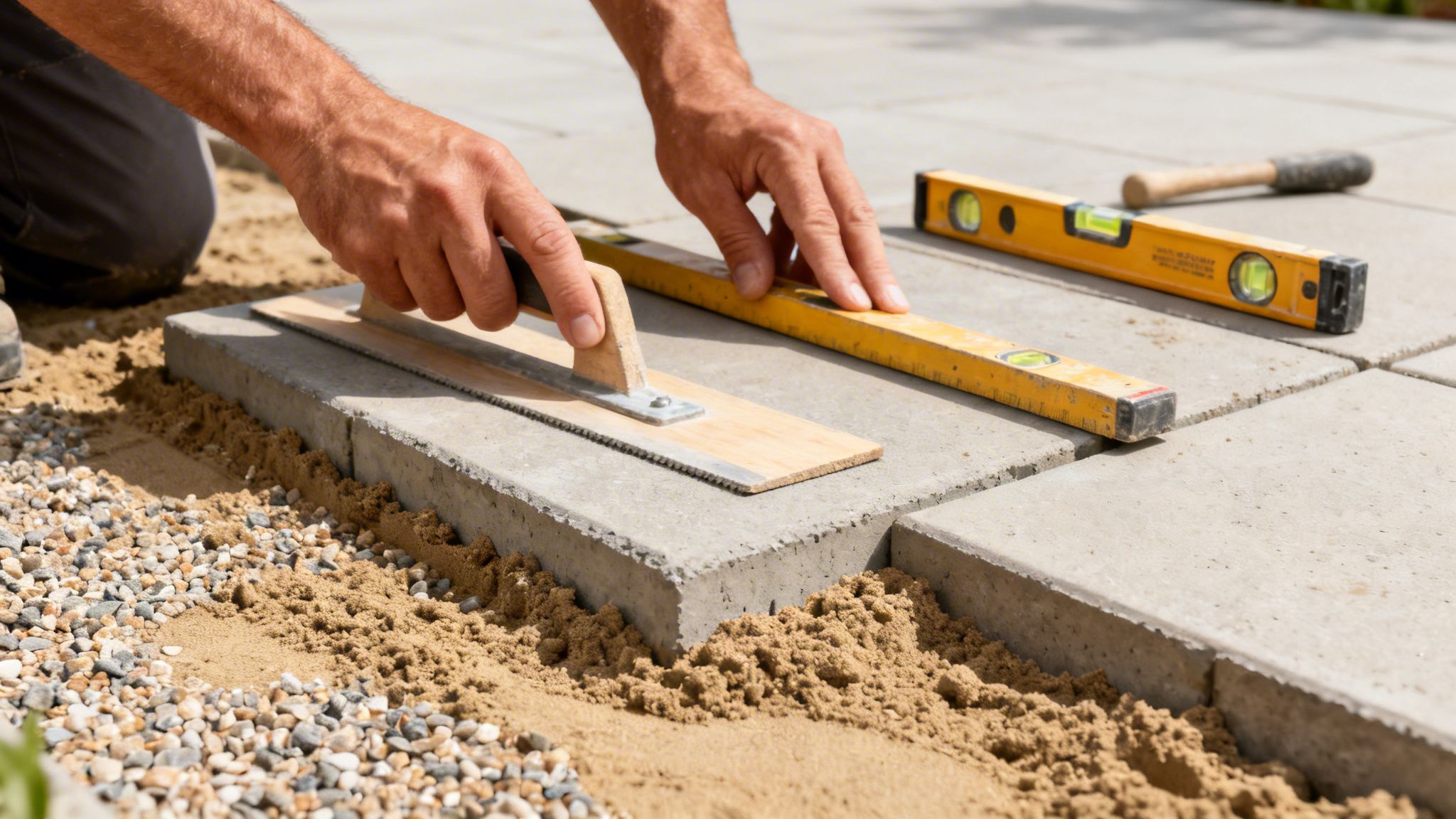 Hænder lægger terrassefliser på sand, bruger afretterskinne og vaterpas til at nivellere overfladen under udendørs arbejde.