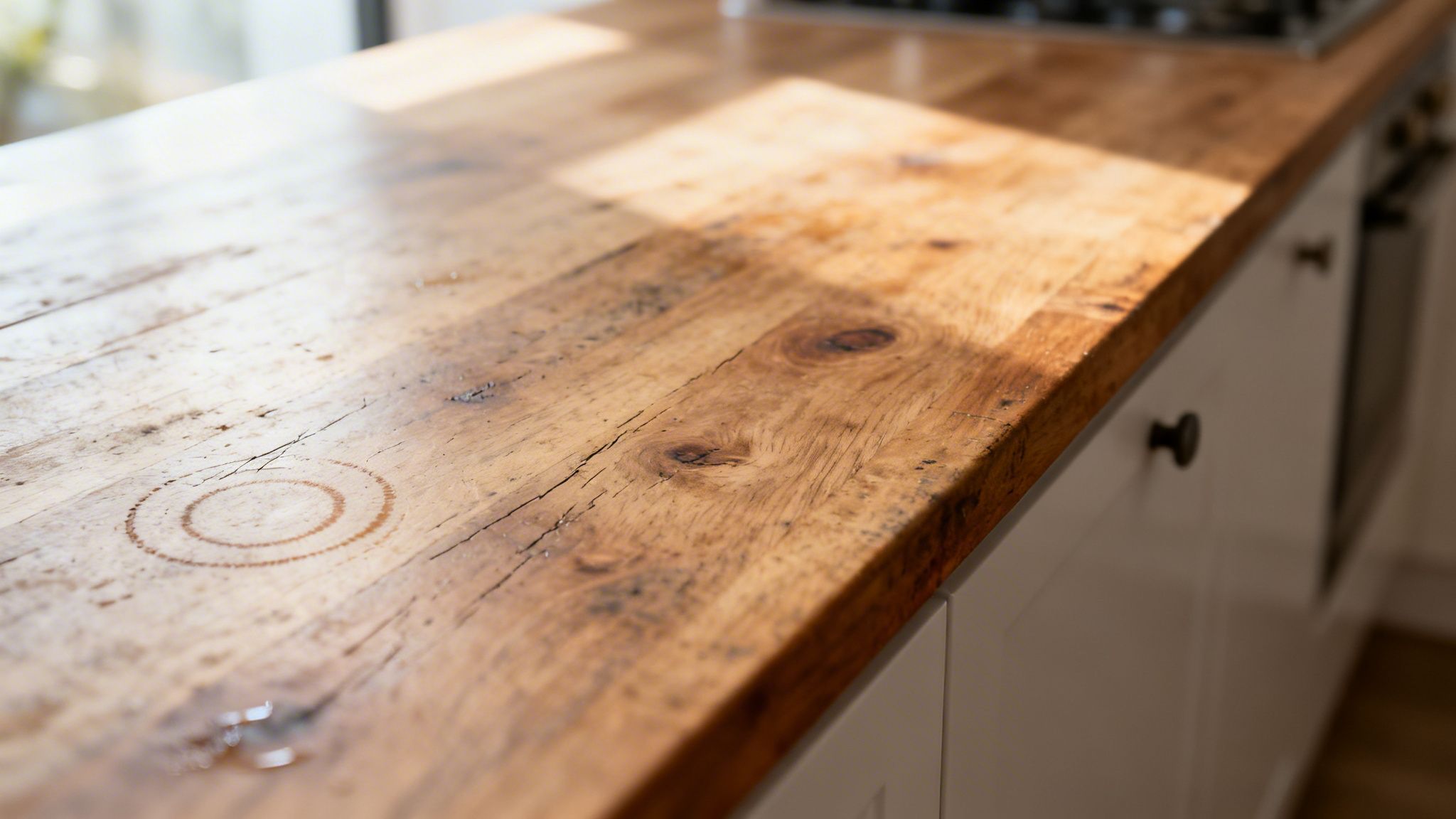 Træ køkkenbordplade med tydelig vandplet og sollys. Synlige træstrukturer og knaster tilføjer karakter.