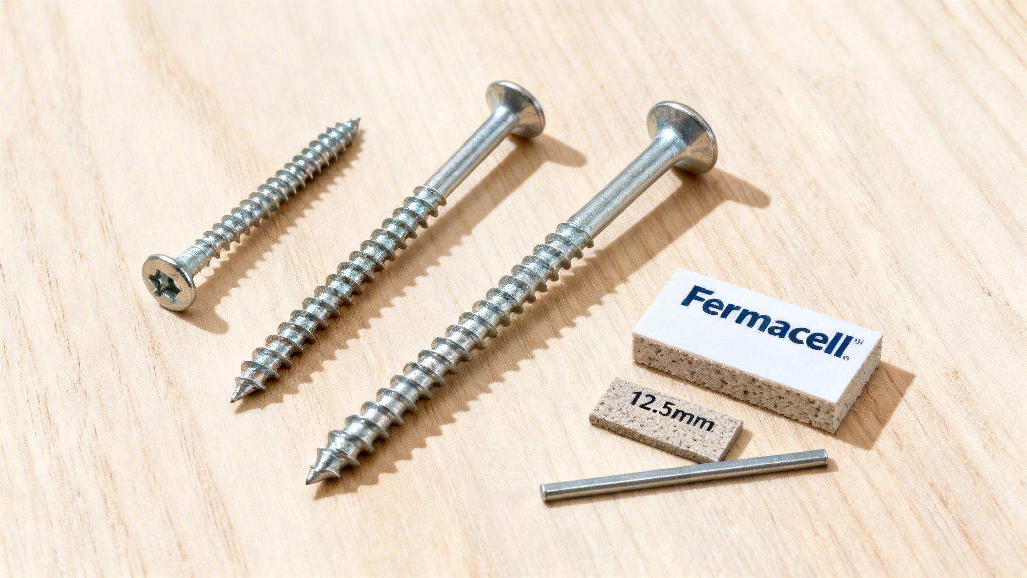 Tre sølvskruer, en Fermacell-prøve, en 12,5 mm prøve og en metalstang på træbaggrund.