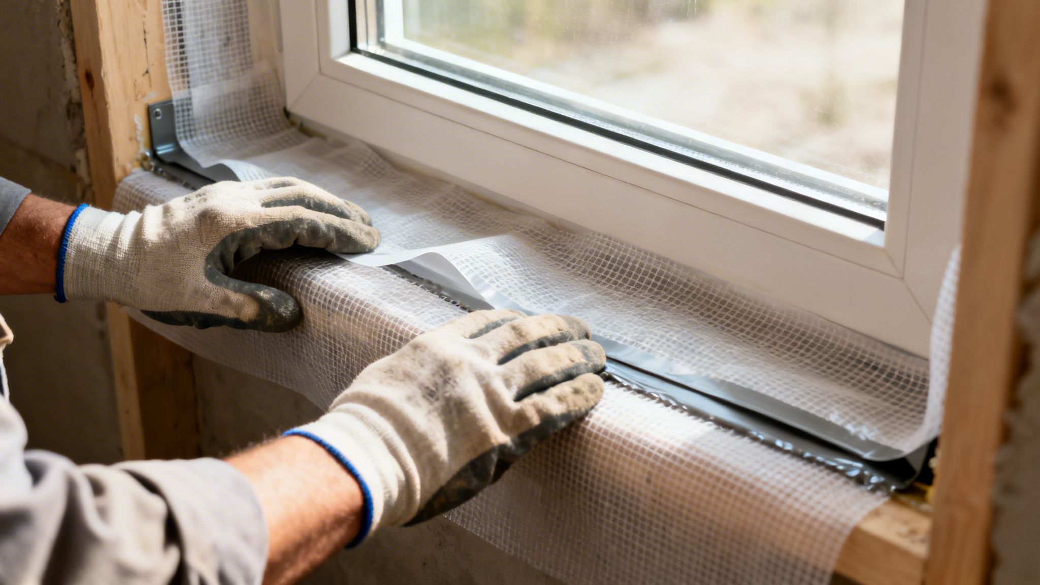 Hænder i handsker arbejder på at tætne et nyt vindue i et træskelet.