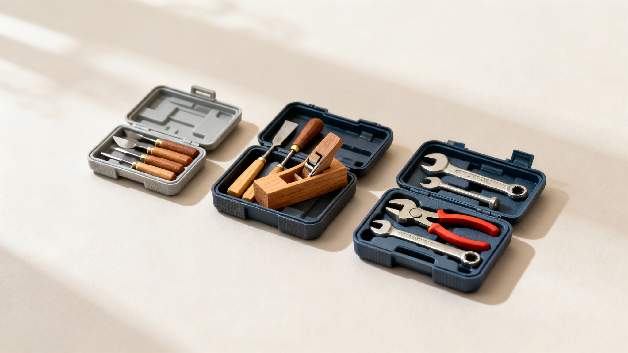 Tre åbne miniature værktøjskasser med forskellige værktøjer som udskæringsknive, høvl, mejsler, nøgler og tang.