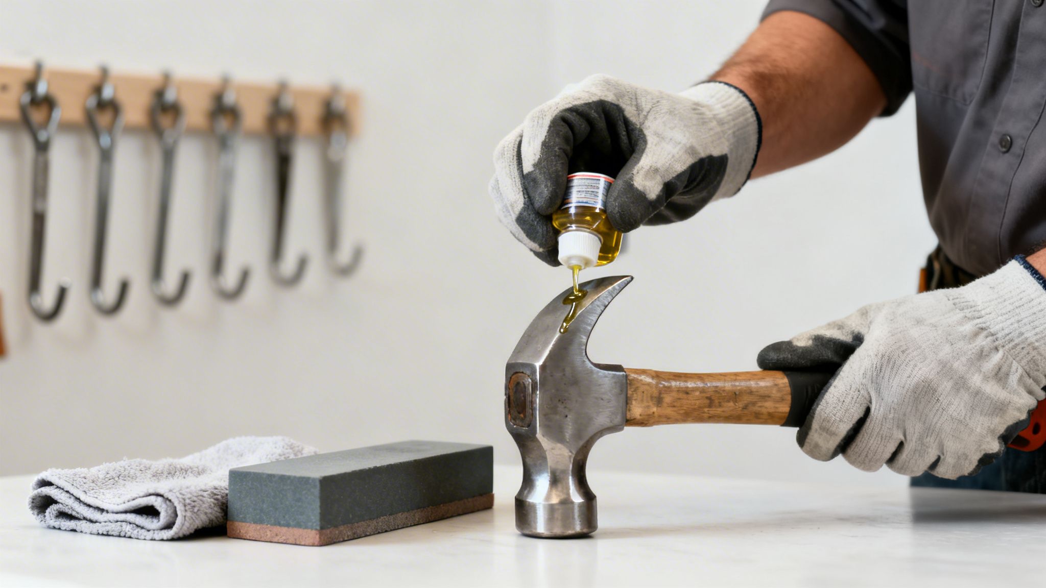 En person i handsker drypper olie på en hammer. En slibesten og håndklæde ligger på bordet.