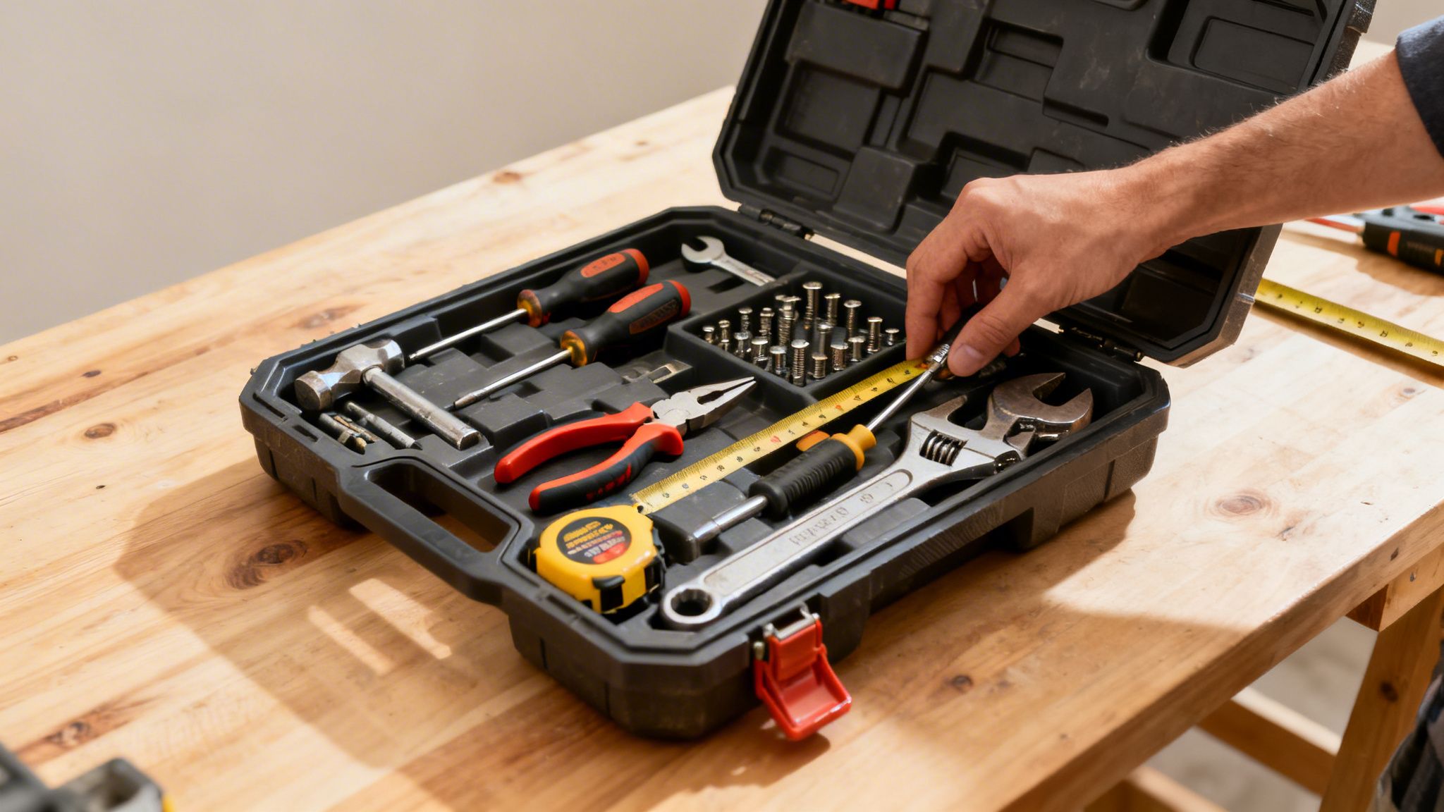 En hånd tager et målebånd fra en åben sort værktøjskasse med værktøj på et træbord.