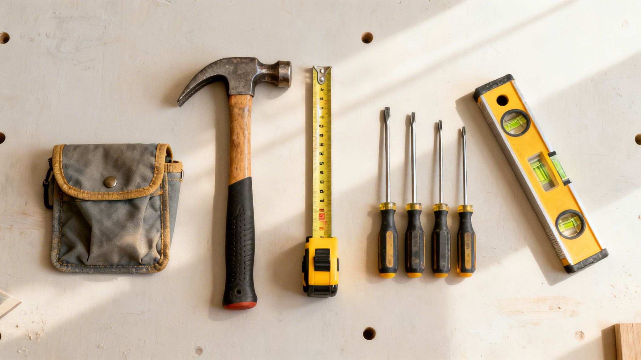 En samling håndværktøj med hammer, målebånd, skruetrækkere og vaterpas på et lyst underlag.