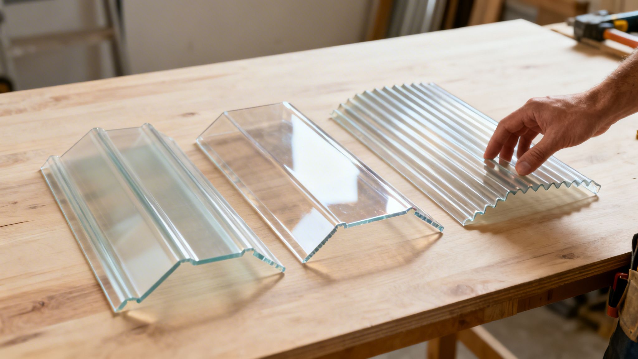 En hånd rører ved klare, formede glasplader på en træarbejdsbænk, klar til installation.