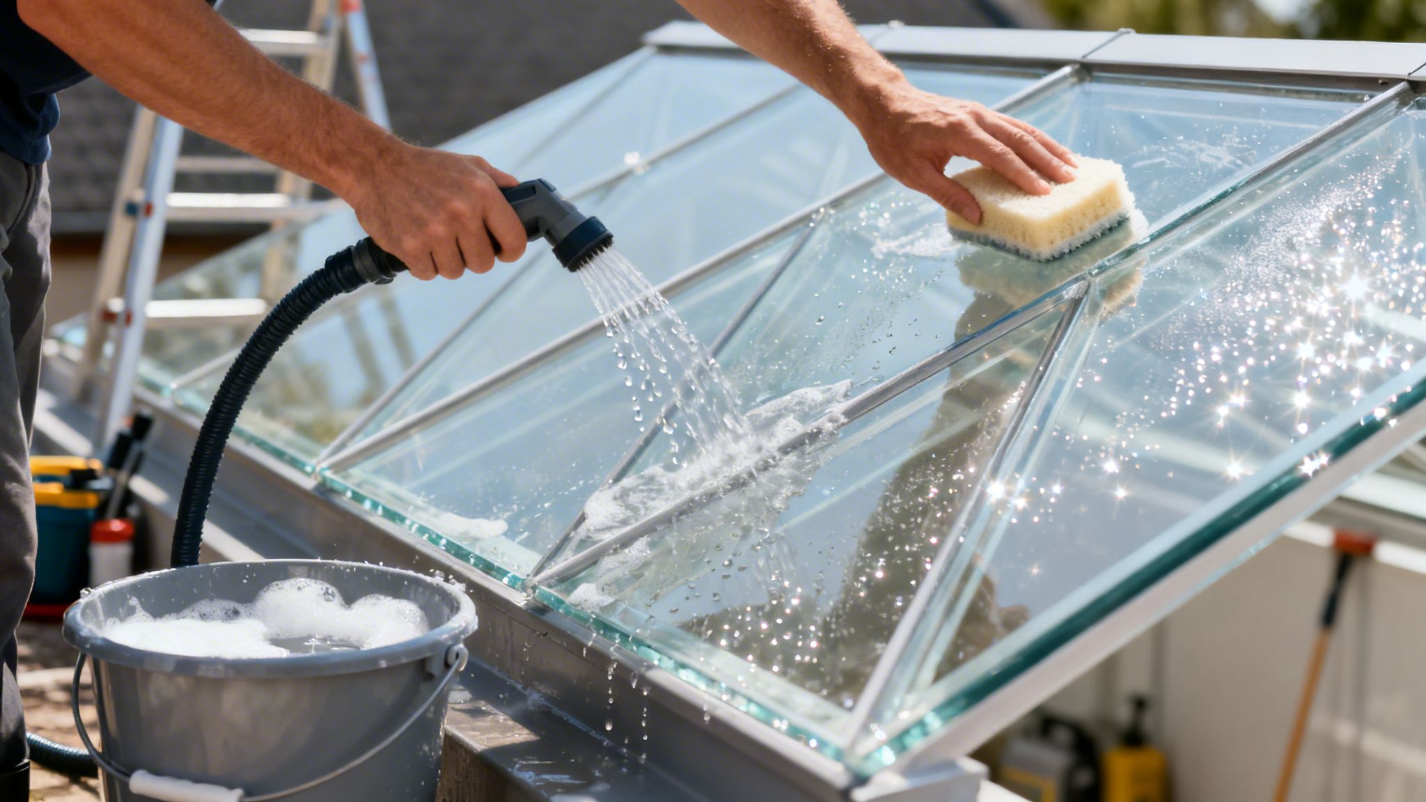 En mand rengør et glastag i solskin med en vandslange, en svamp og en spand sæbevand.