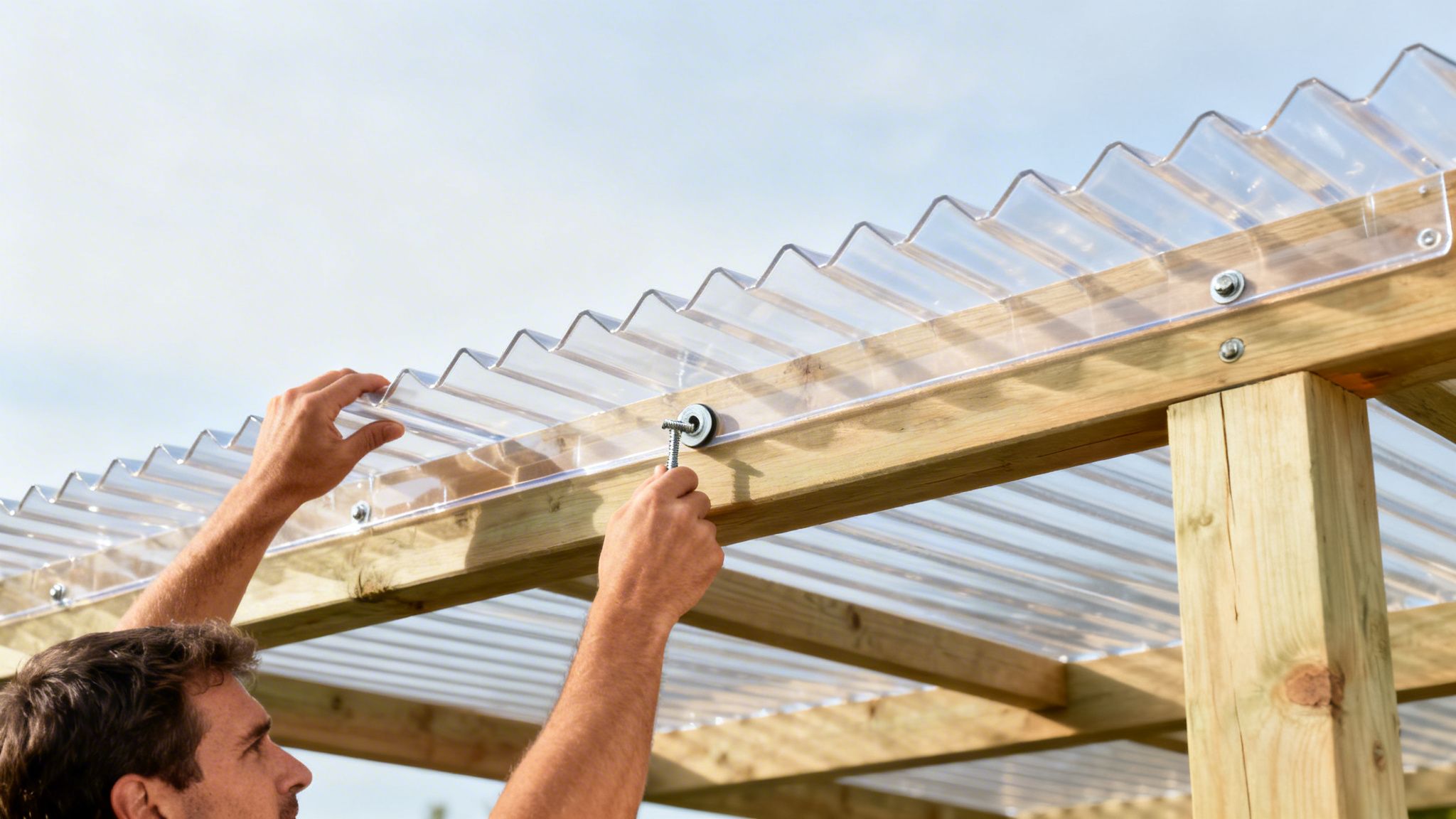 Mand monterer gennemsigtige trapezplader på en trækonstruktion under en klar blå himmel.