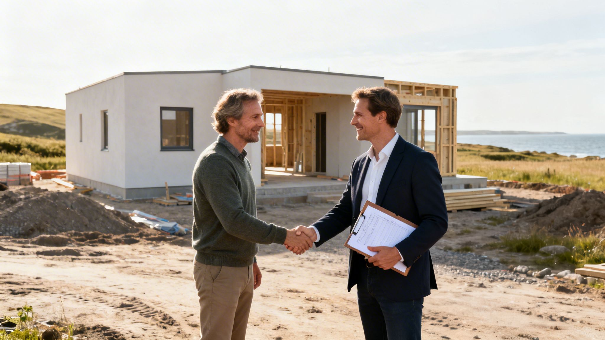 To mænd giver hånd foran et hus under opførelse, med udsigt til havet.