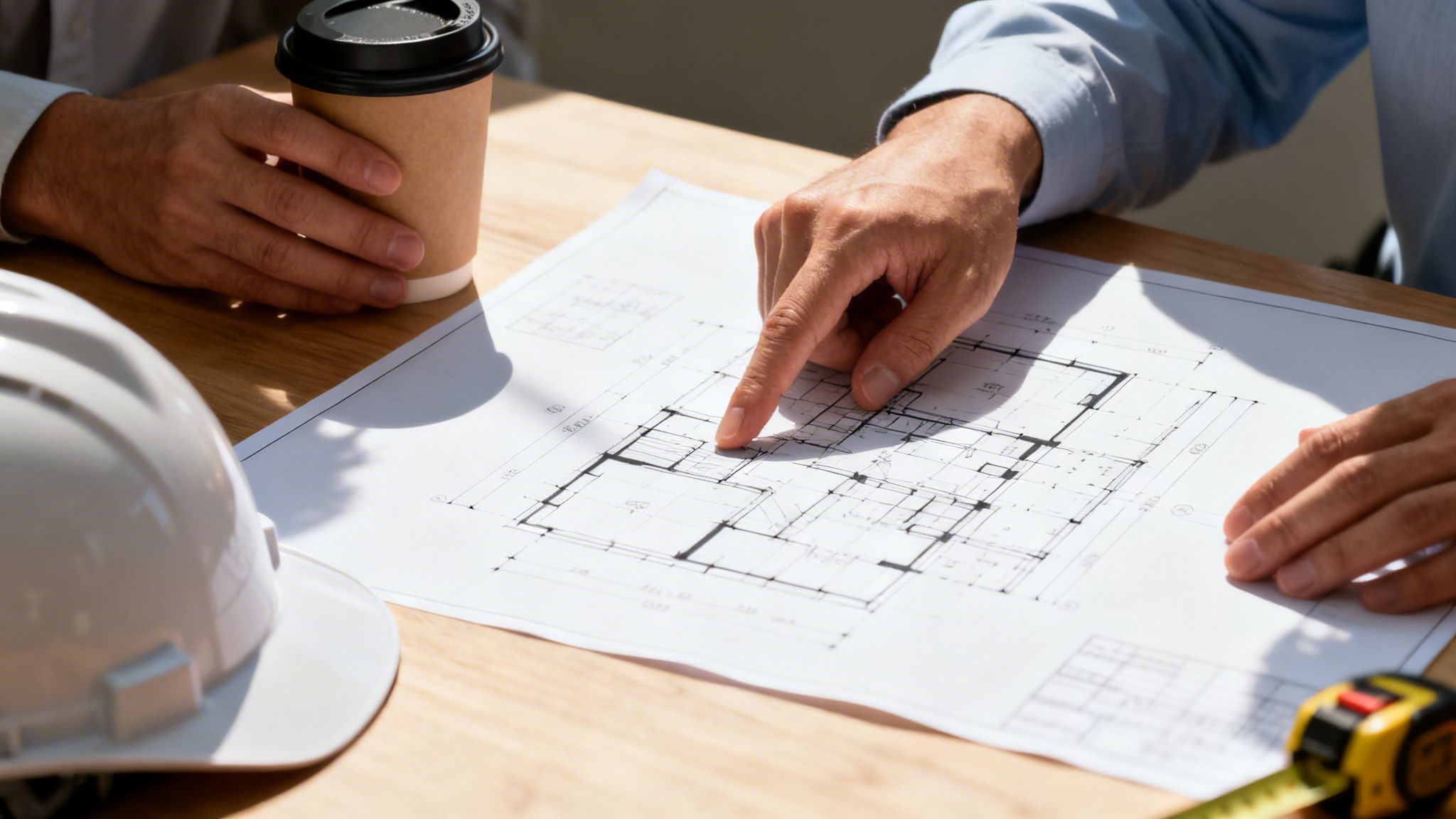 To hænder gennemgår byggeplaner med en kaffekop og en sikkerhedshjelm på et bord.