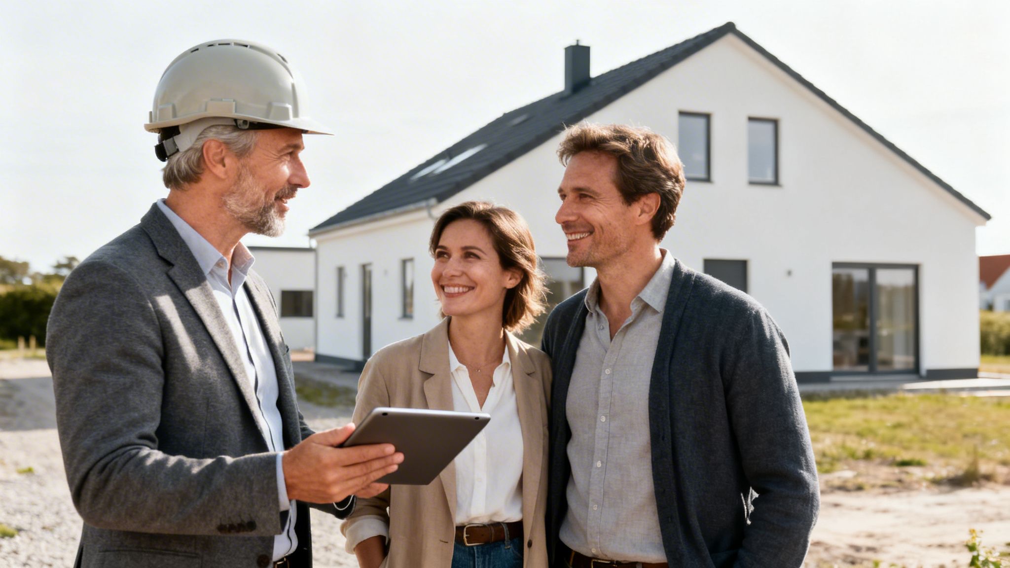 En bygherre i hjelm viser et smilende par deres nye hus.