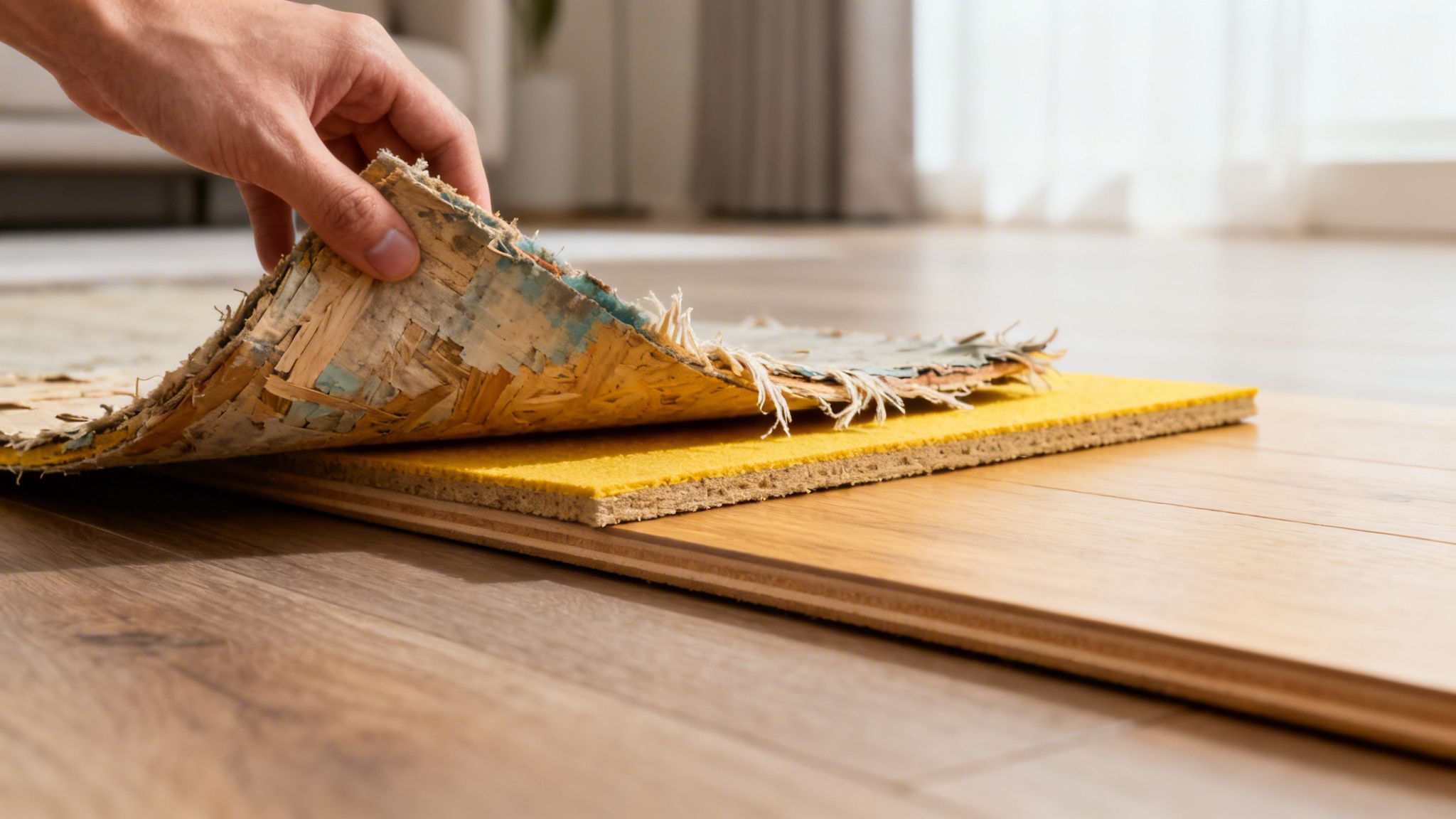 En hånd løfter et gammelt gulvtæppe, der afslører et gult underlag og nye trægulvbrædder under renovering.