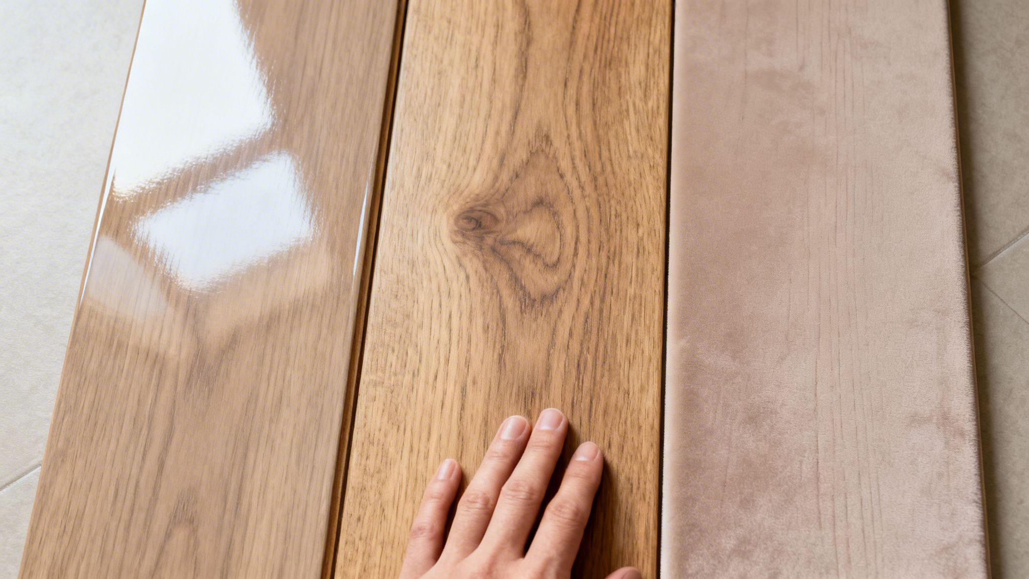 Hånd rører ved trægulvsprøve. En blank træprøve og en stofprøve ses også, muligvis valg af gulvmateriale.