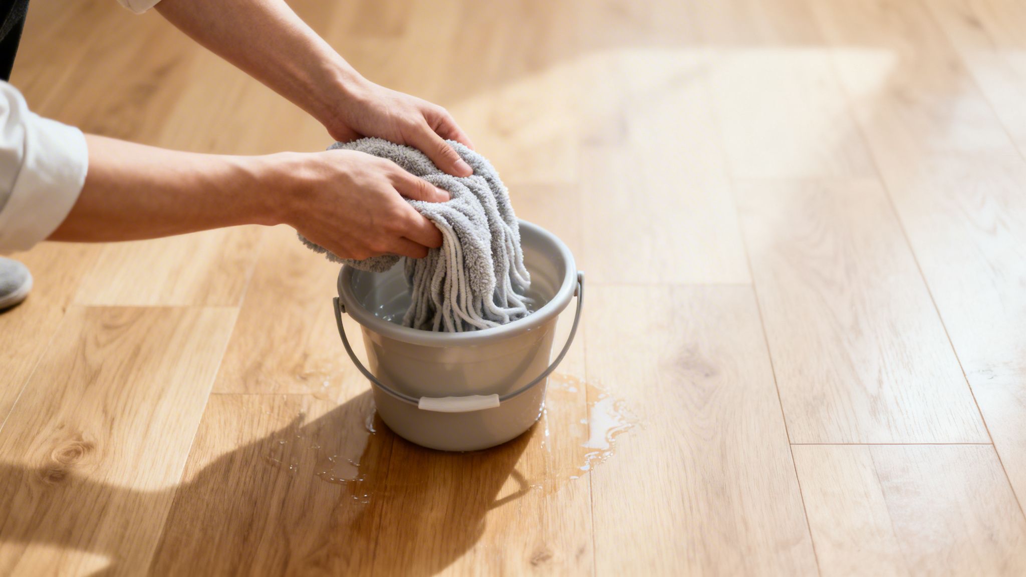 Hænder vrider en grå moppe ud i en spand, mens vand drypper på et lyst trægulv.