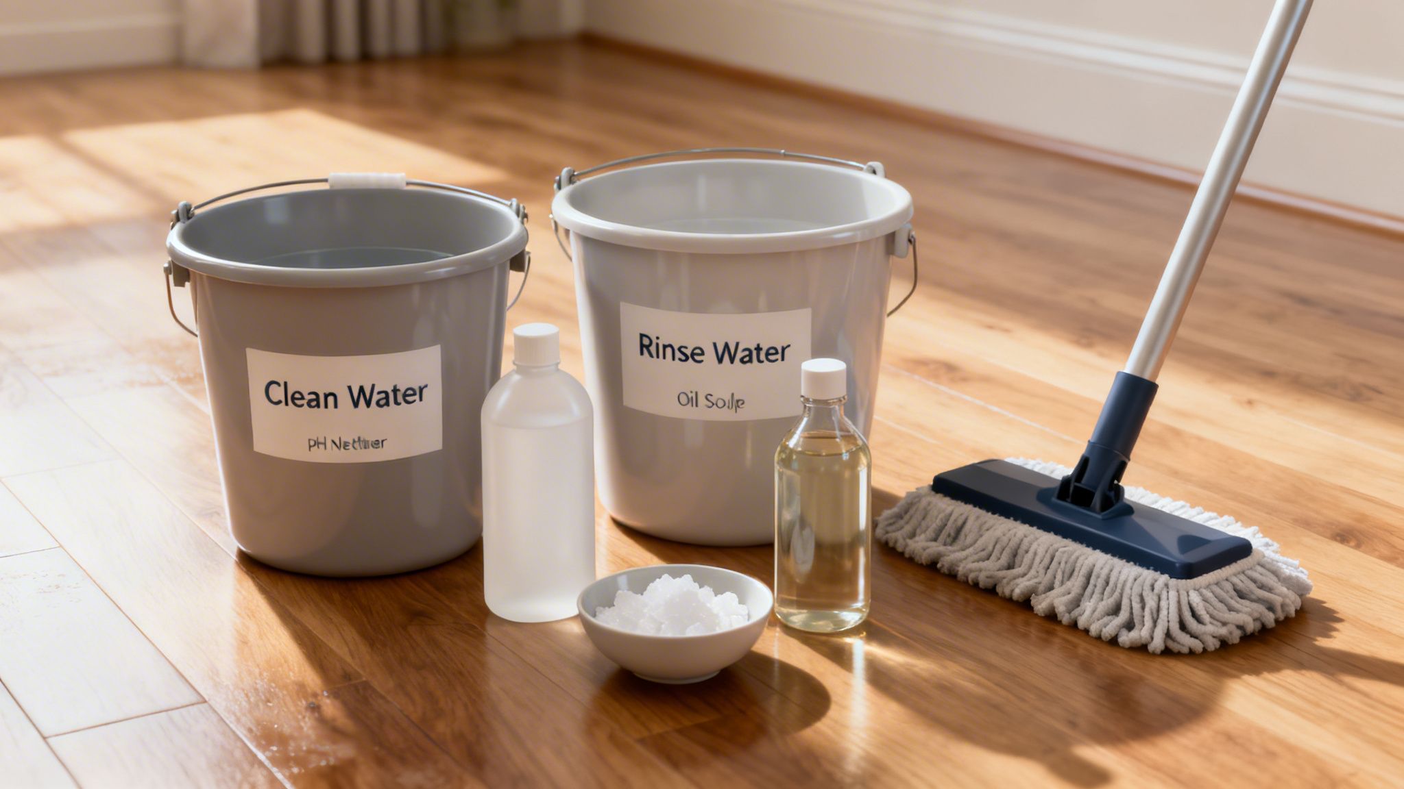 To spande med vand, en moppe og rengøringsmidler står klar til gulvvask på et trægulv.
