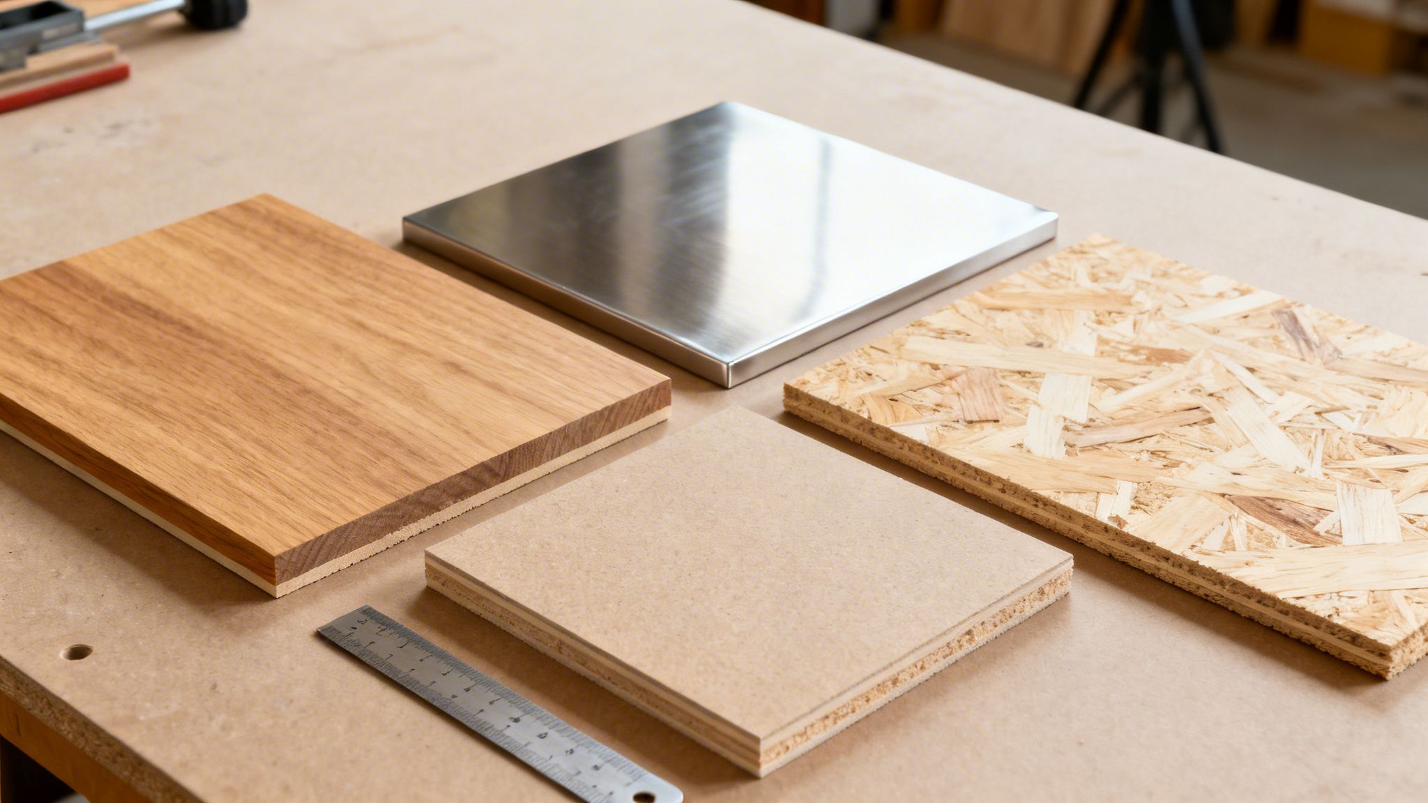 Forskellige materialeprøver på et arbejdsbord, inklusive træ, metal, MDF og OSB, med en lineal.