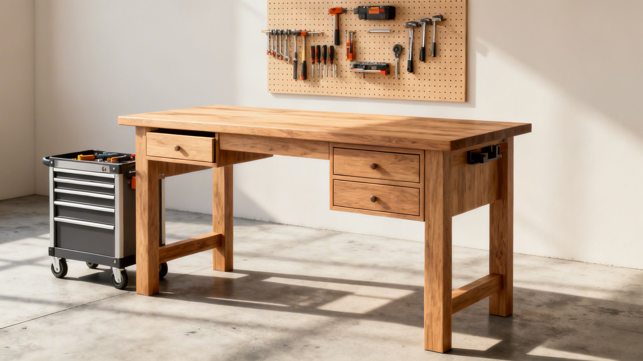 Et træarbejdsbord med skuffer, en værktøjsvogn og en værktøjstavle i et lyst værksted.