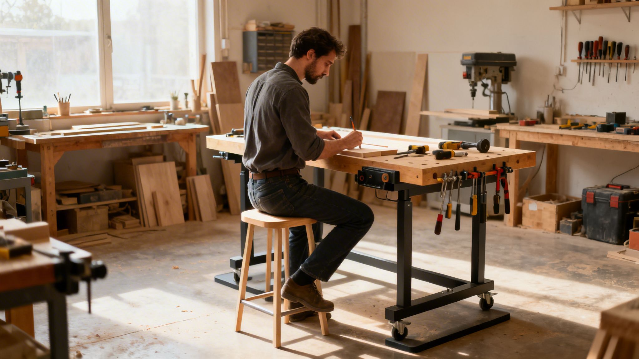 En mand med skæg sidder ved et arbejdsbord i et værksted og markerer træ med en blyant. Værkstedet er fyldt med værktøj og træmaterialer.