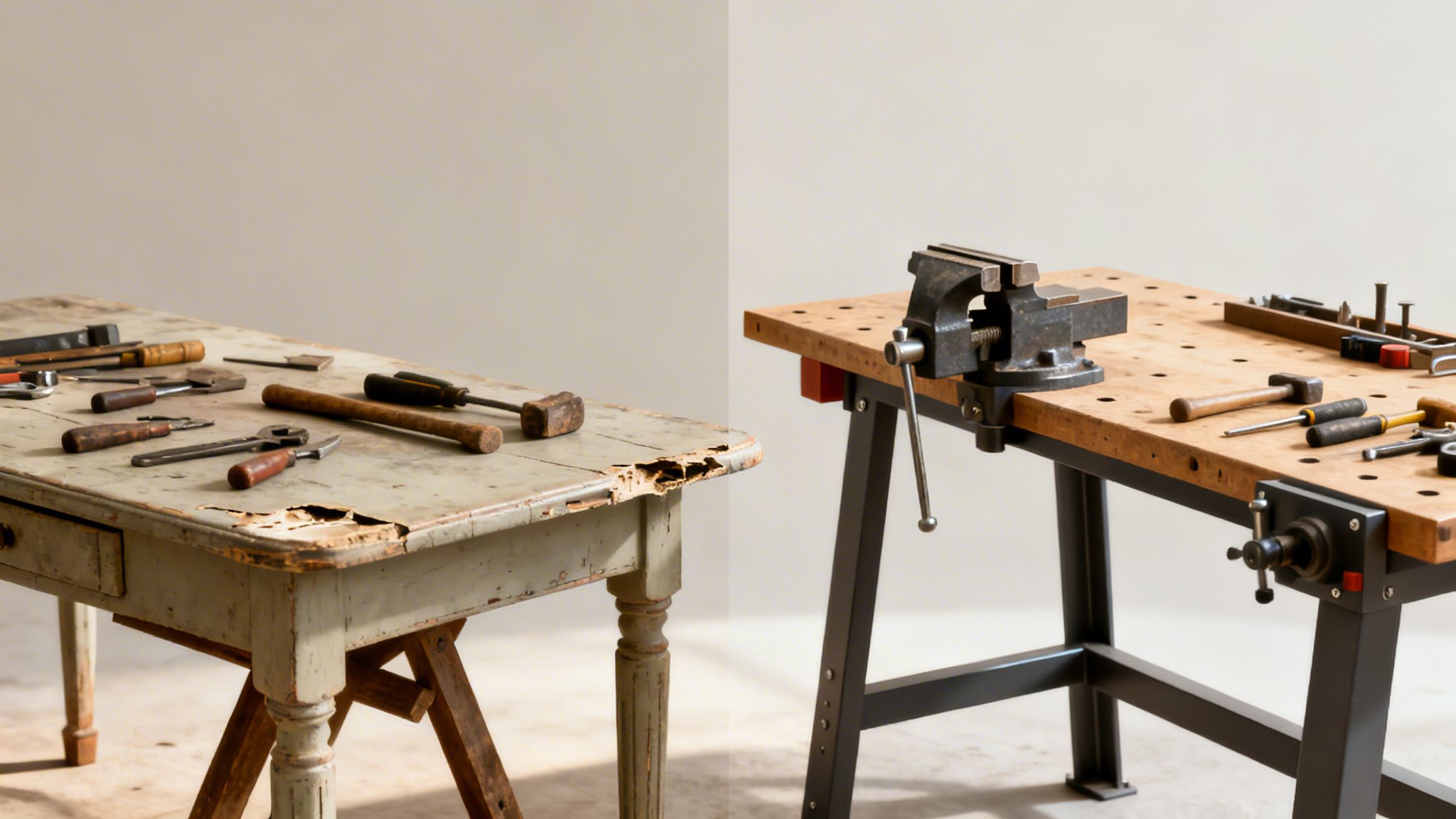 To forskellige arbejdsborde til et værksted, fyldt med værktøj. Det ene er gammelt og slidt, det andet er moderne og robust.