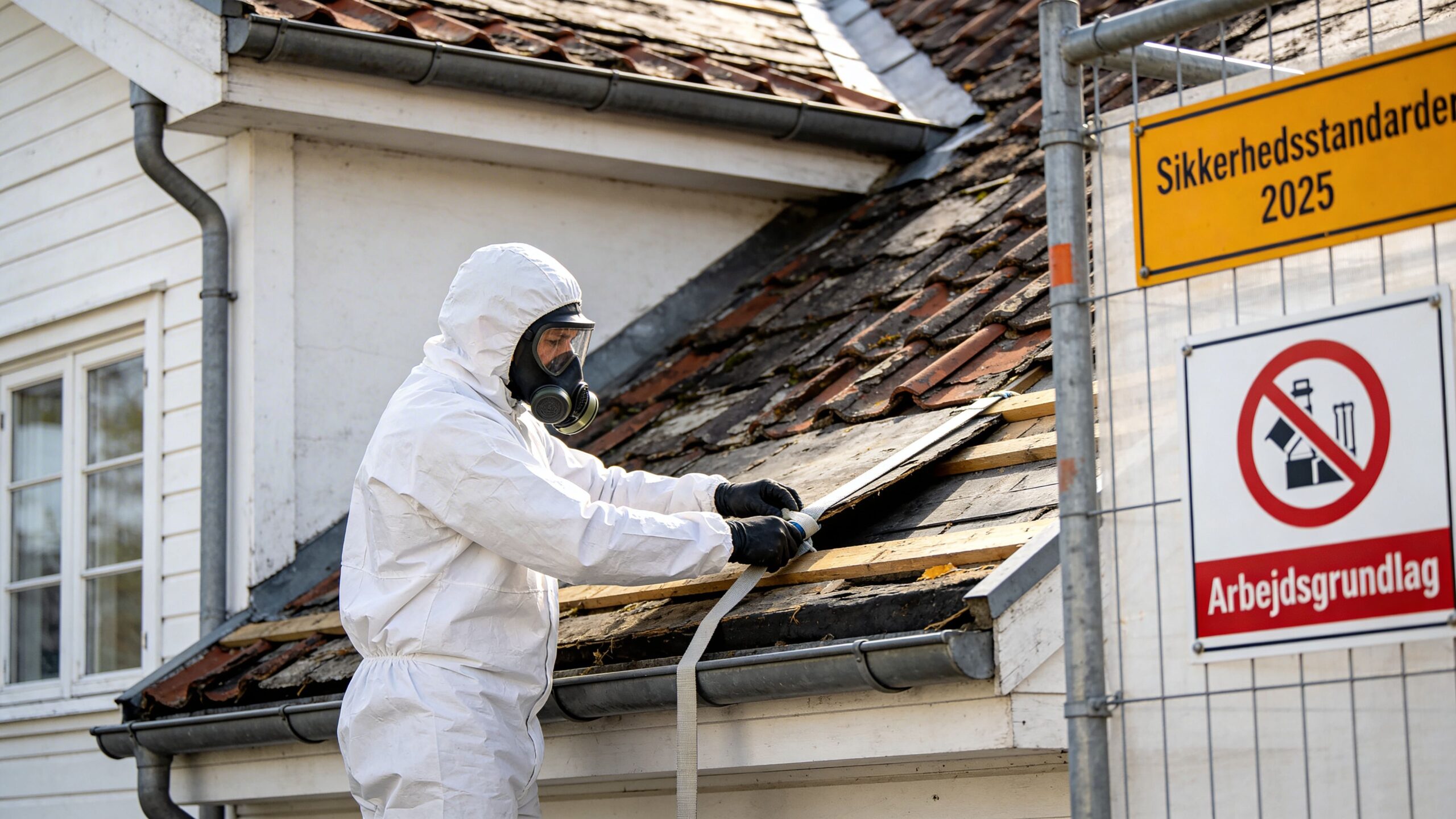 Arbejder i hvid beskyttelsesdragt og maske fjerner gammelt asbesttag fra et hus under renovering med sikkerhedsskilt.