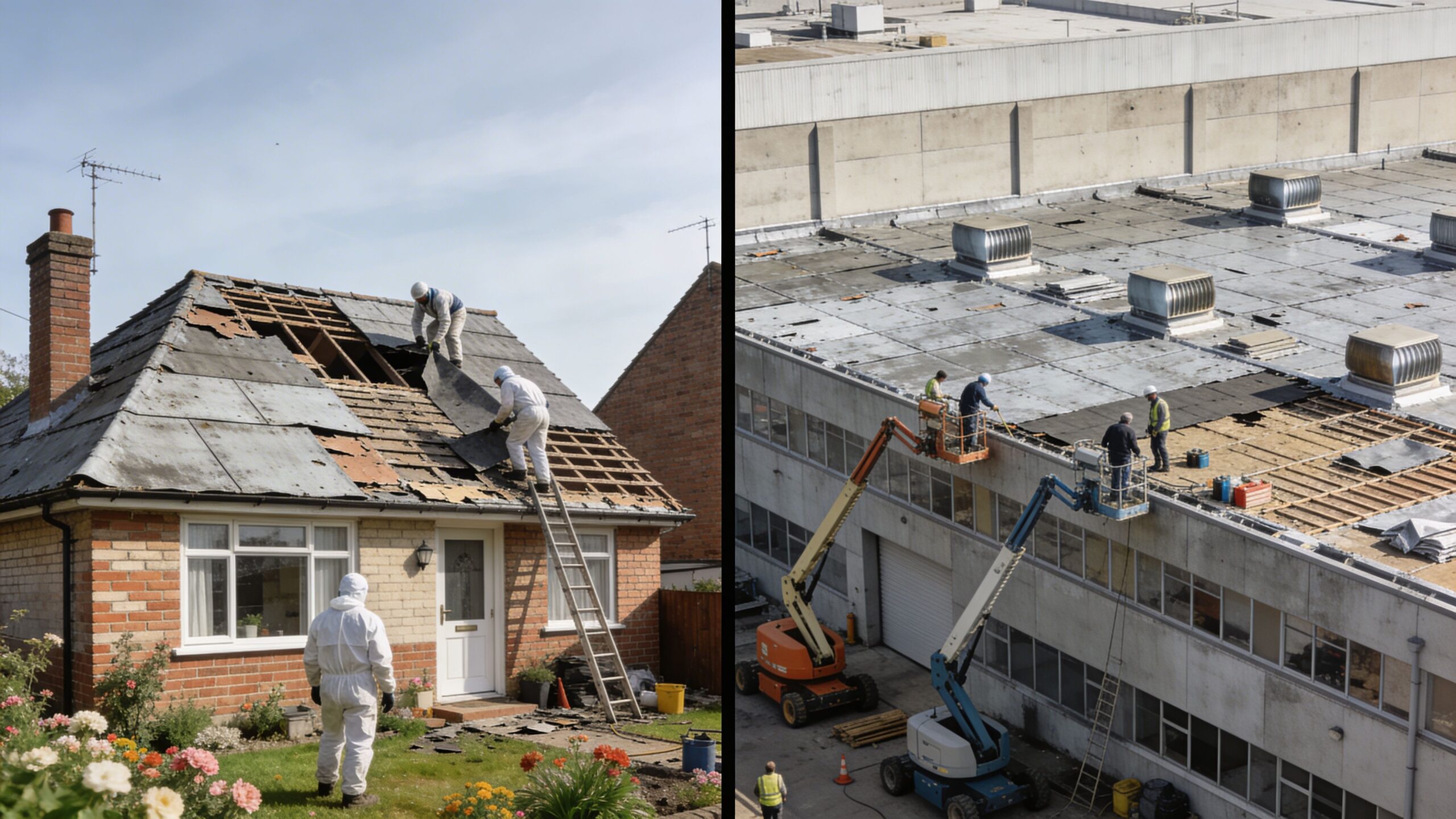 Tagarbejdere i beskyttelsesdragter fjerner asbesttag fra et privat hus og et større erhvervsbyggeri med lift.
