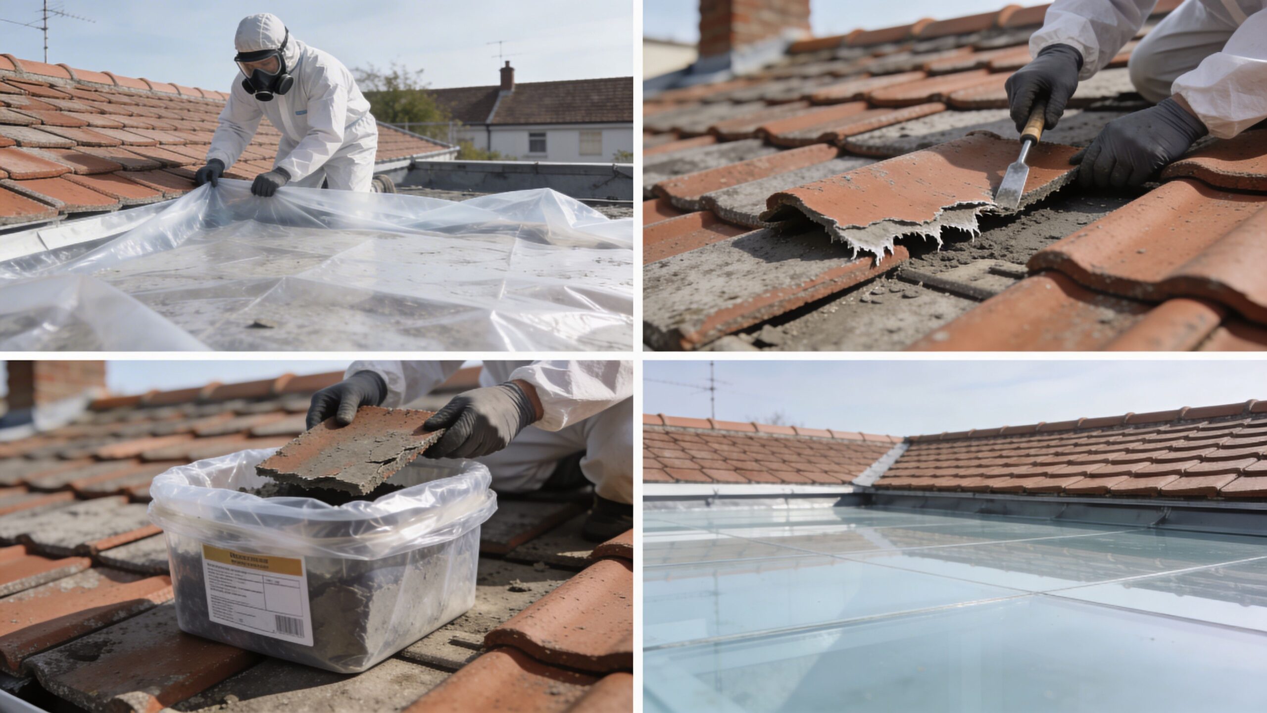 Fagfolk udfører sikker nedtagning af asbestholdigt tag ved brug af beskyttelsesdragt og særlige sikkerhedsforanstaltninger på et tag.