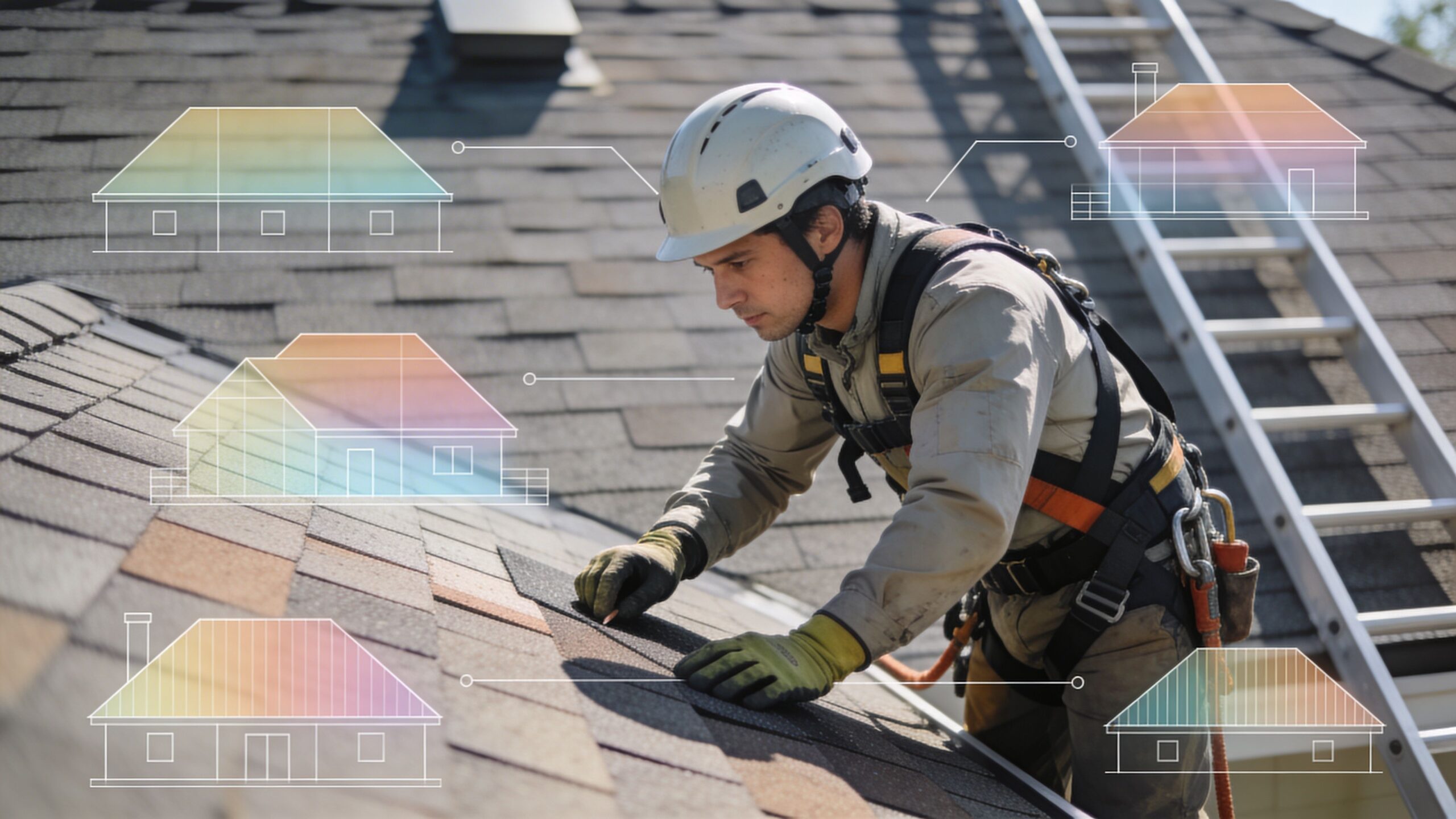 Tagdækker i sikkerhedsudstyr udfører reparationer på et tag med grafiske illustrationer af huse omkring sig.