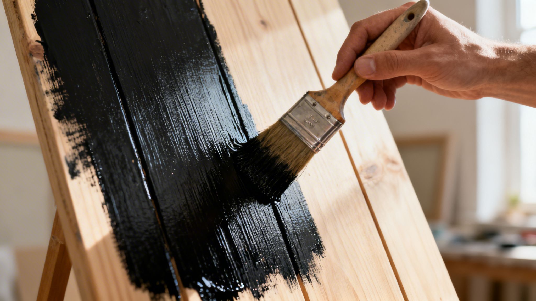En person maler en træplade med sort maling ved hjælp af en pensel i et lyst værksted.
