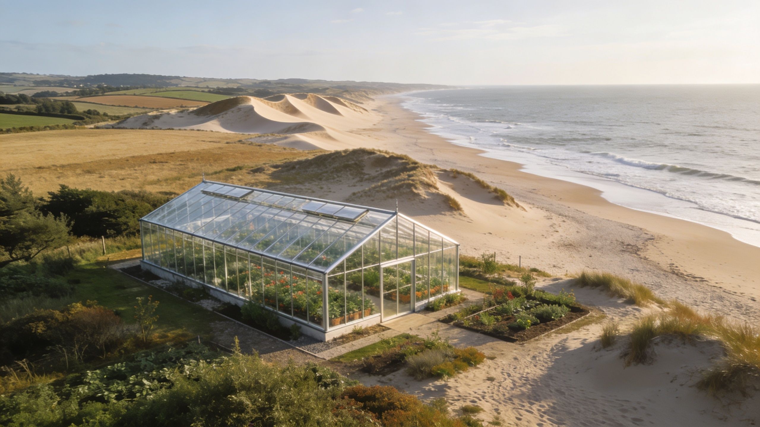 Et drivhus placeret i et smukt kystlandskab med klitter og havudsigt en solskinsdag ved stranden.