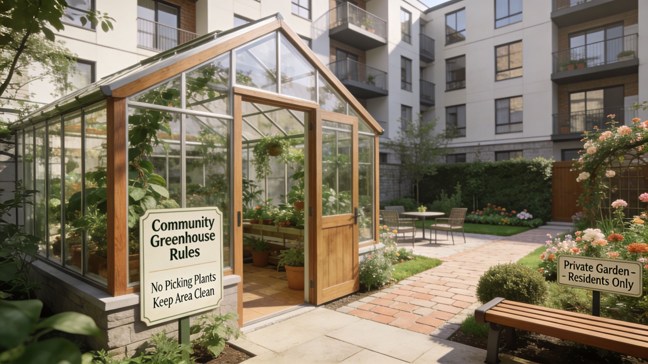 Et fælles drivhus med regler og en privat have i en hyggelig gårdhave ved en beboelsesejendom.