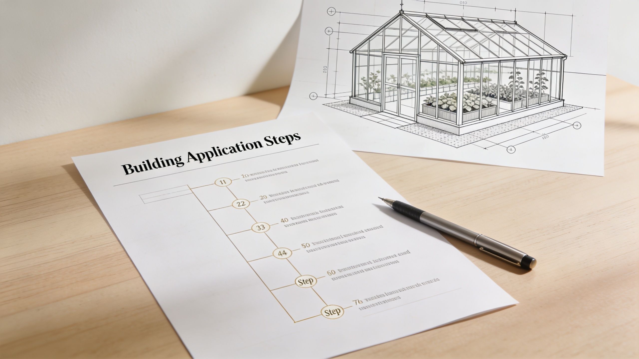 Papirer med en guide til byggetilladelse til drivhus placeret ved siden af en tegning af et drivhus.