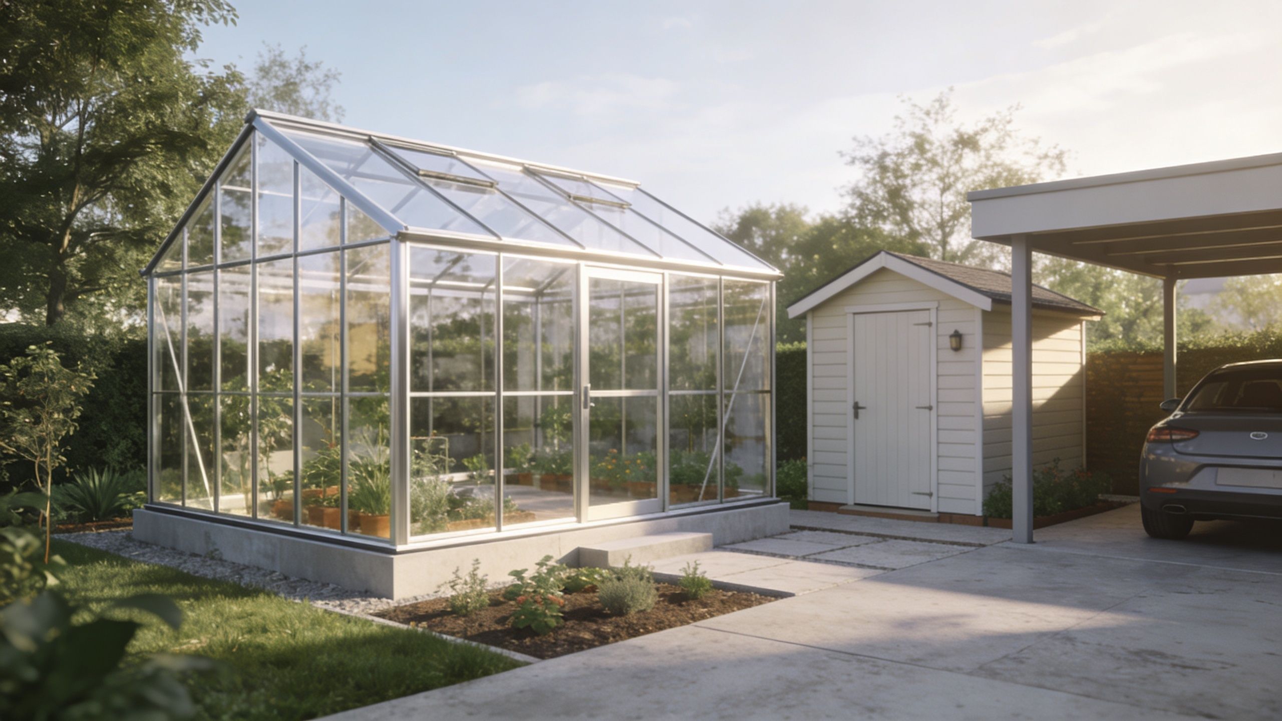 Et moderne glashus placeret ved siden af et lille redskabsskur og en parkeringsplads i en have.