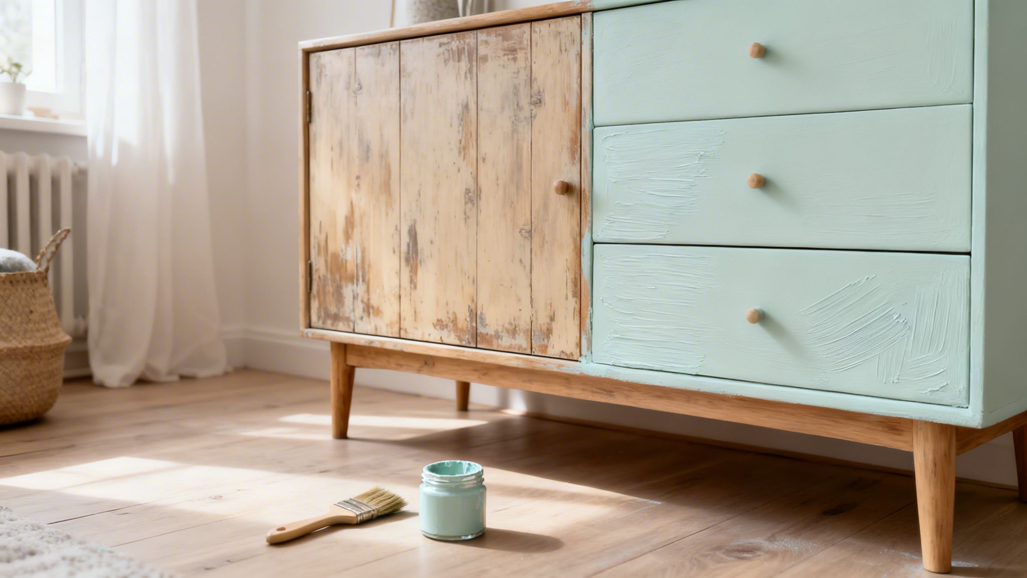 Et skab bliver renoveret med kalkmaling, hvor den ene side er malet lysegrøn, og den anden er afskallet træ.