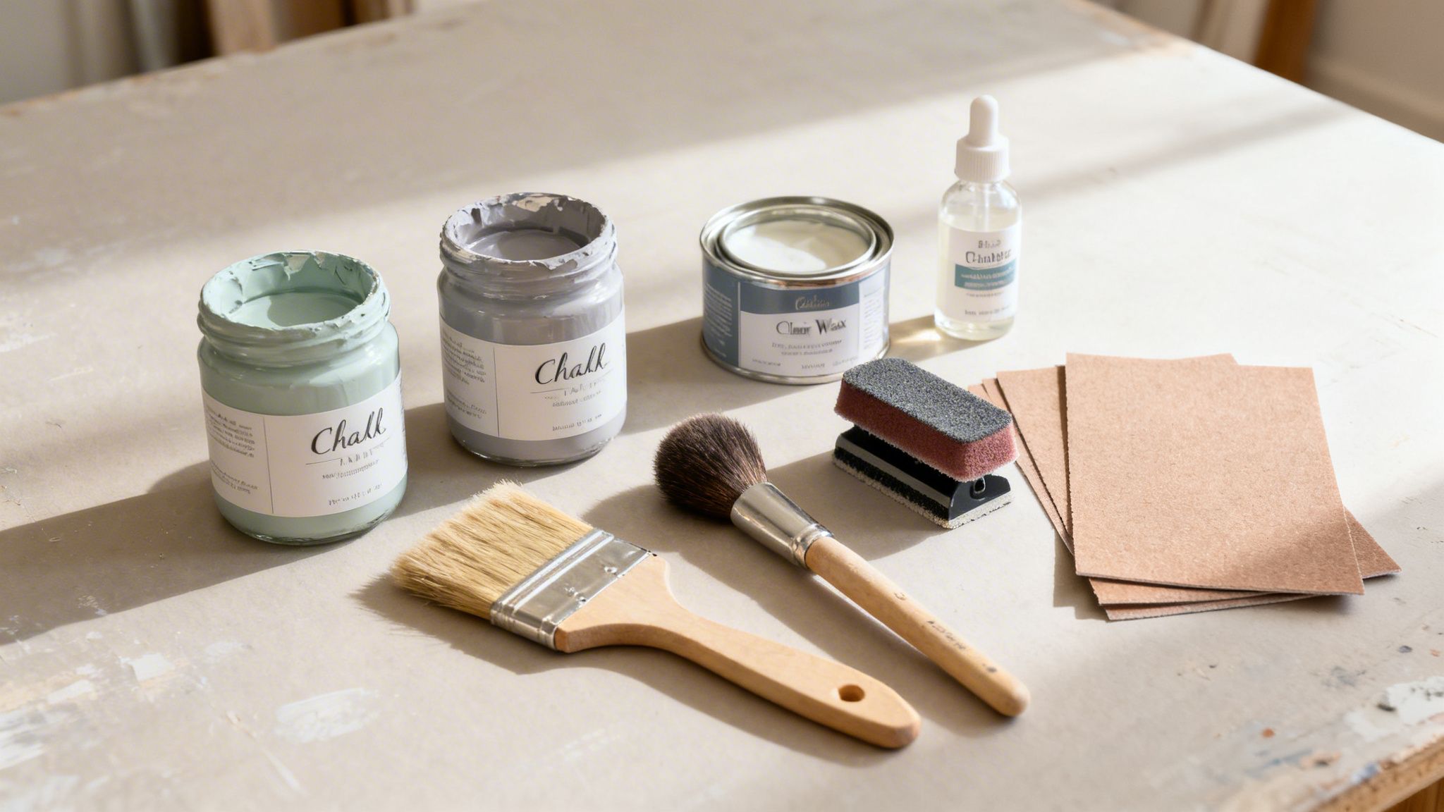 Forskellige materialer til kalkmaling af møbler, inklusiv maling, pensler, voks og sandpapir.