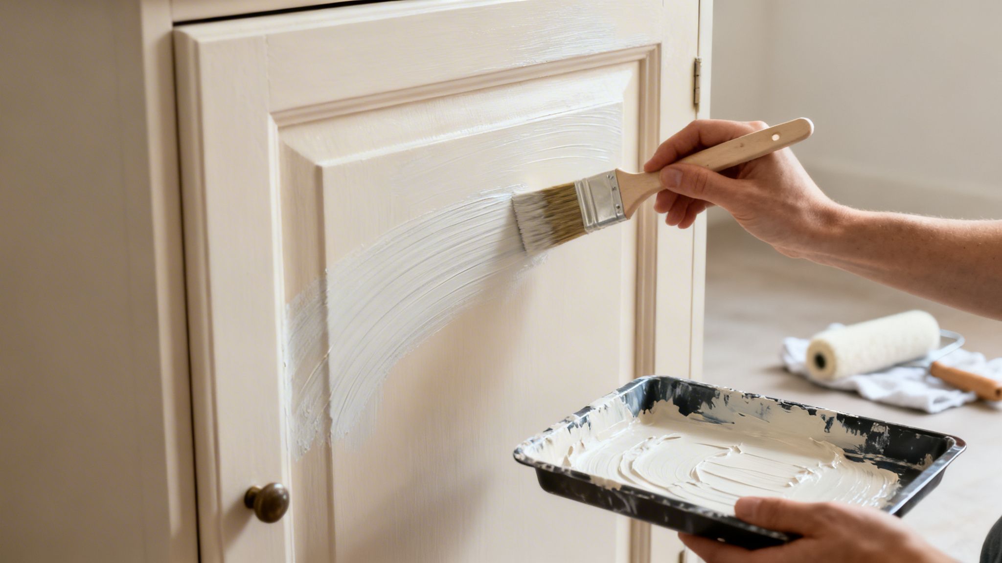 Nærbillede af en hånd, der maler en skabslåge hvid med en pensel, mens en malerbakke holdes.