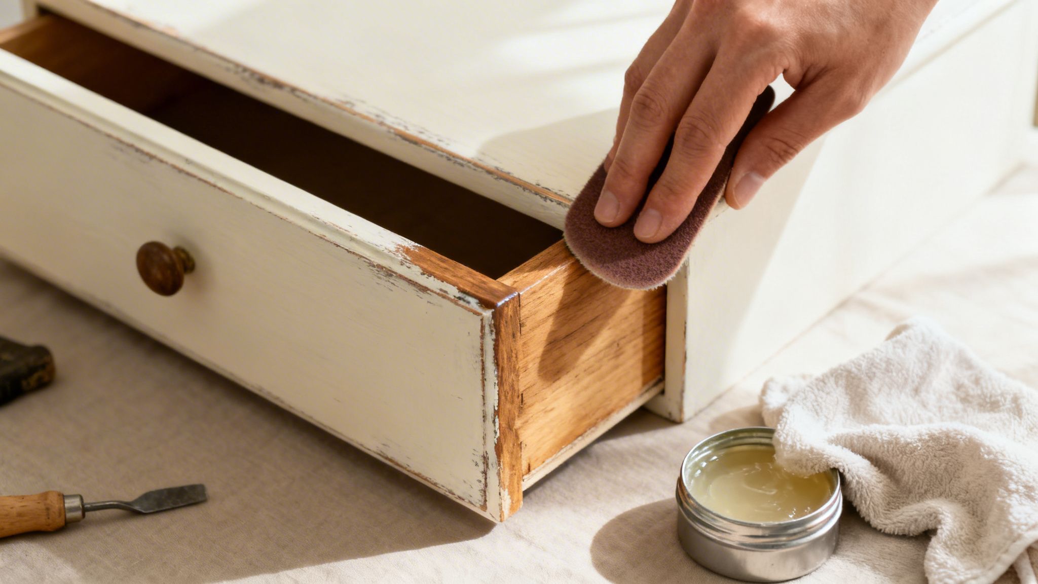 En hånd påfører voks eller finish på en hvidmalet, patineret skuffe med synlige trædetaljer.