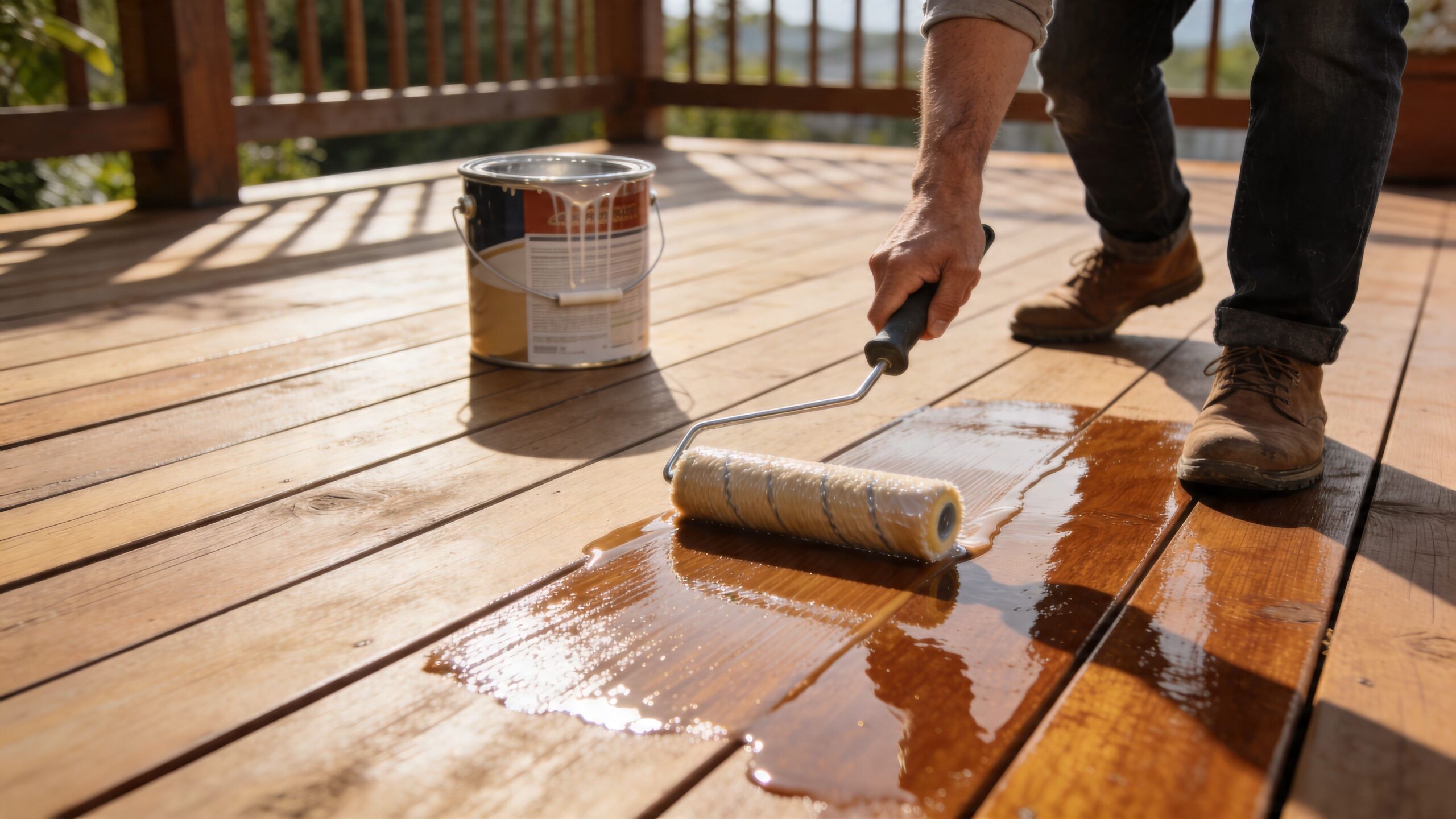 En person, der påfører lak eller olie på en træterrasse med en malerrulle og en spand maling.