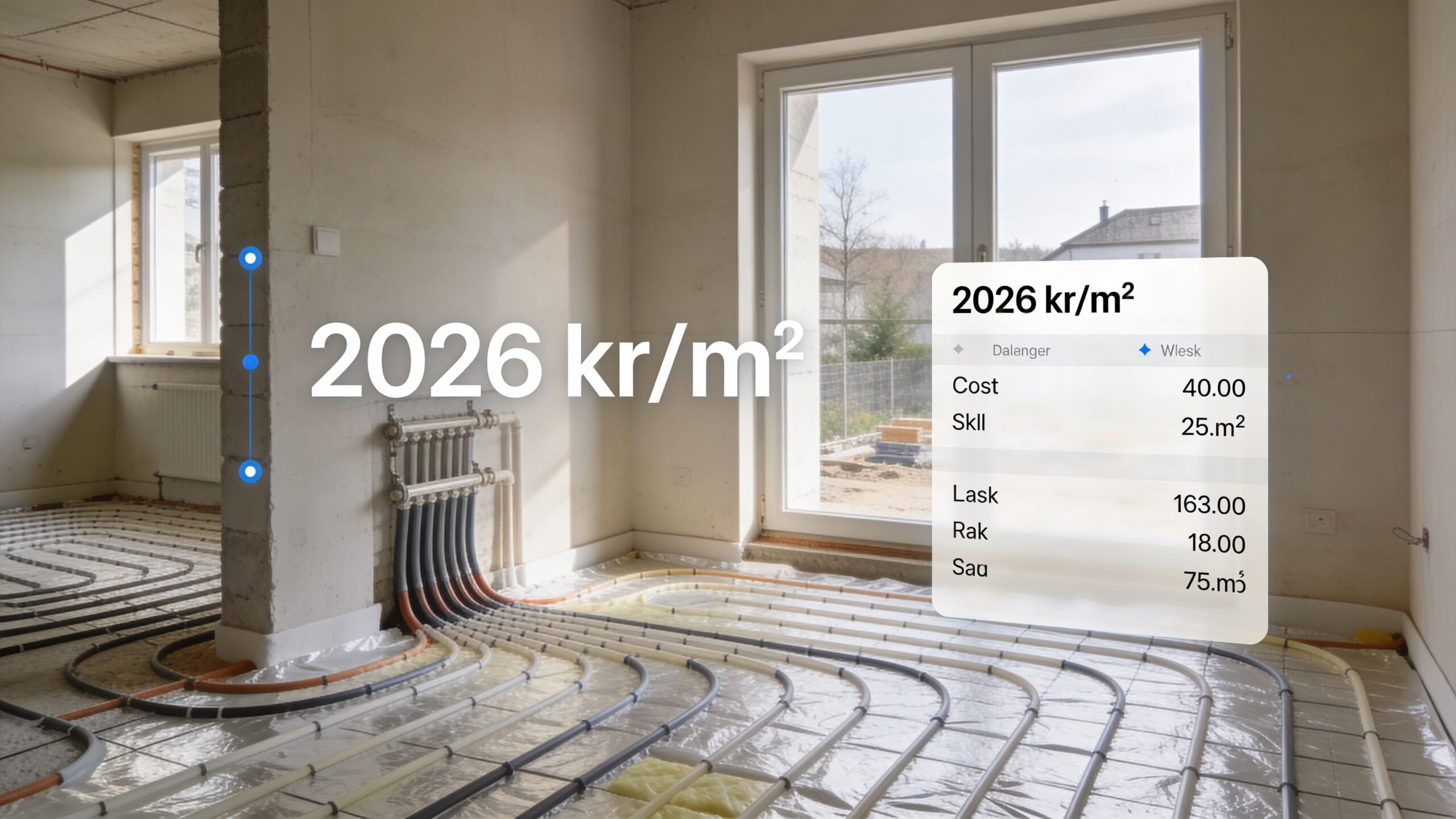 Et ubehandlet gulv med installeret gulvvarme og en prisberegner overlay der viser prisen per kvadratmeter.