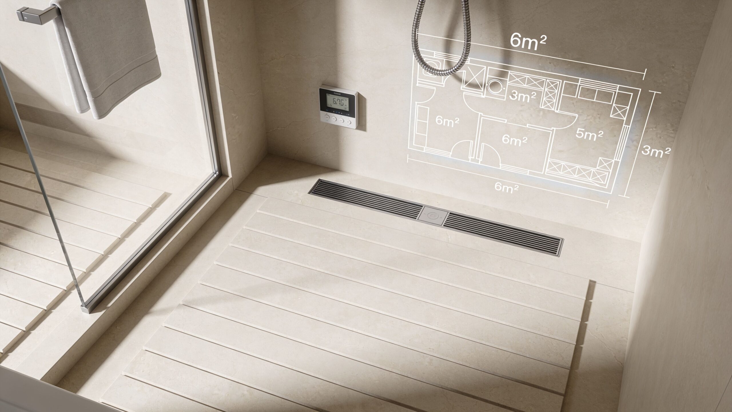Moderne brusekabine med flisegulv og gulvvarme styret af et digitalt termostatpanel på væggen med plantegning.