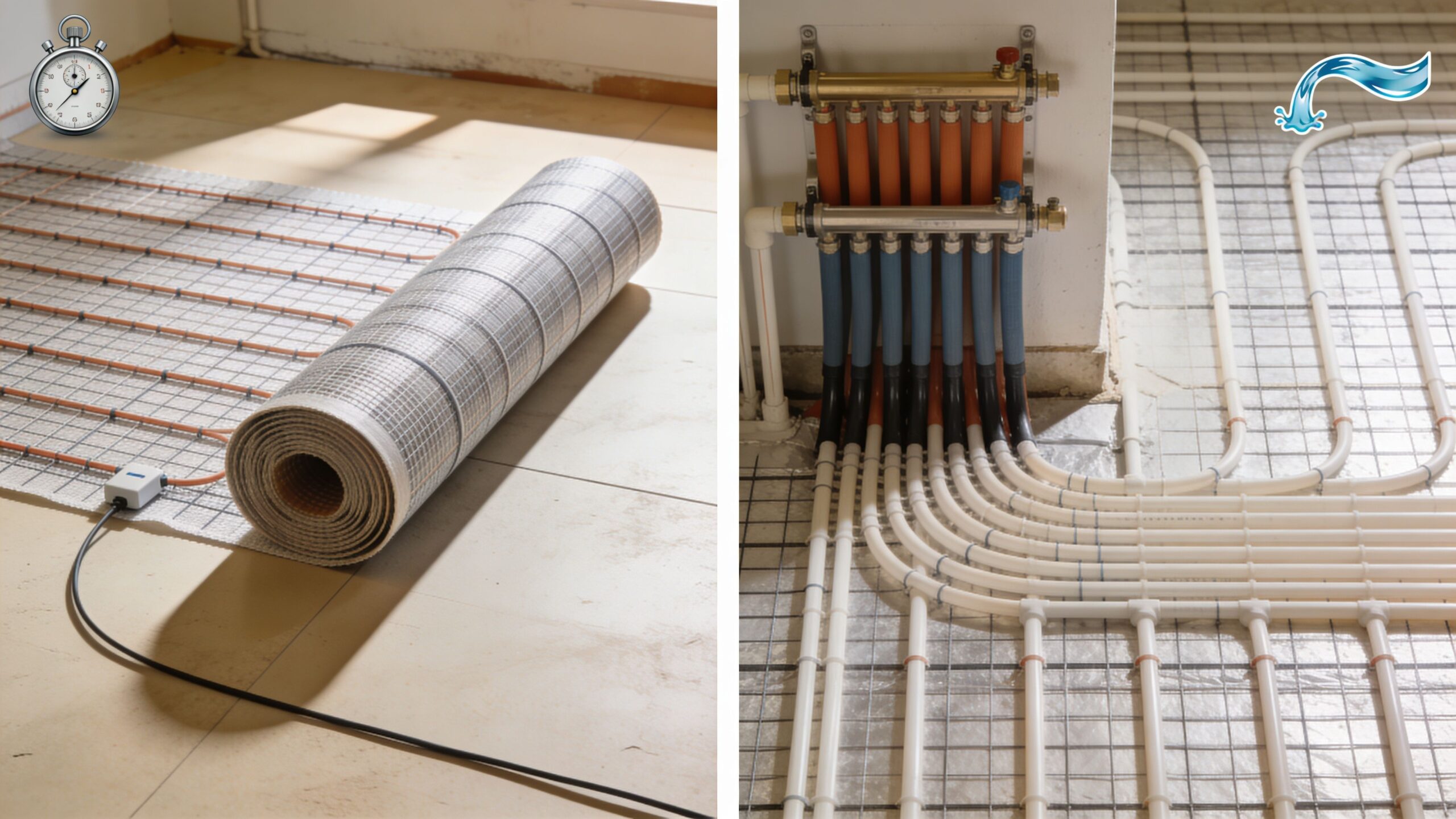 Sammenligning af elektrisk gulvvarme på måtte og vandbaseret gulvvarme med rør forbundet til en fordelerenhed.