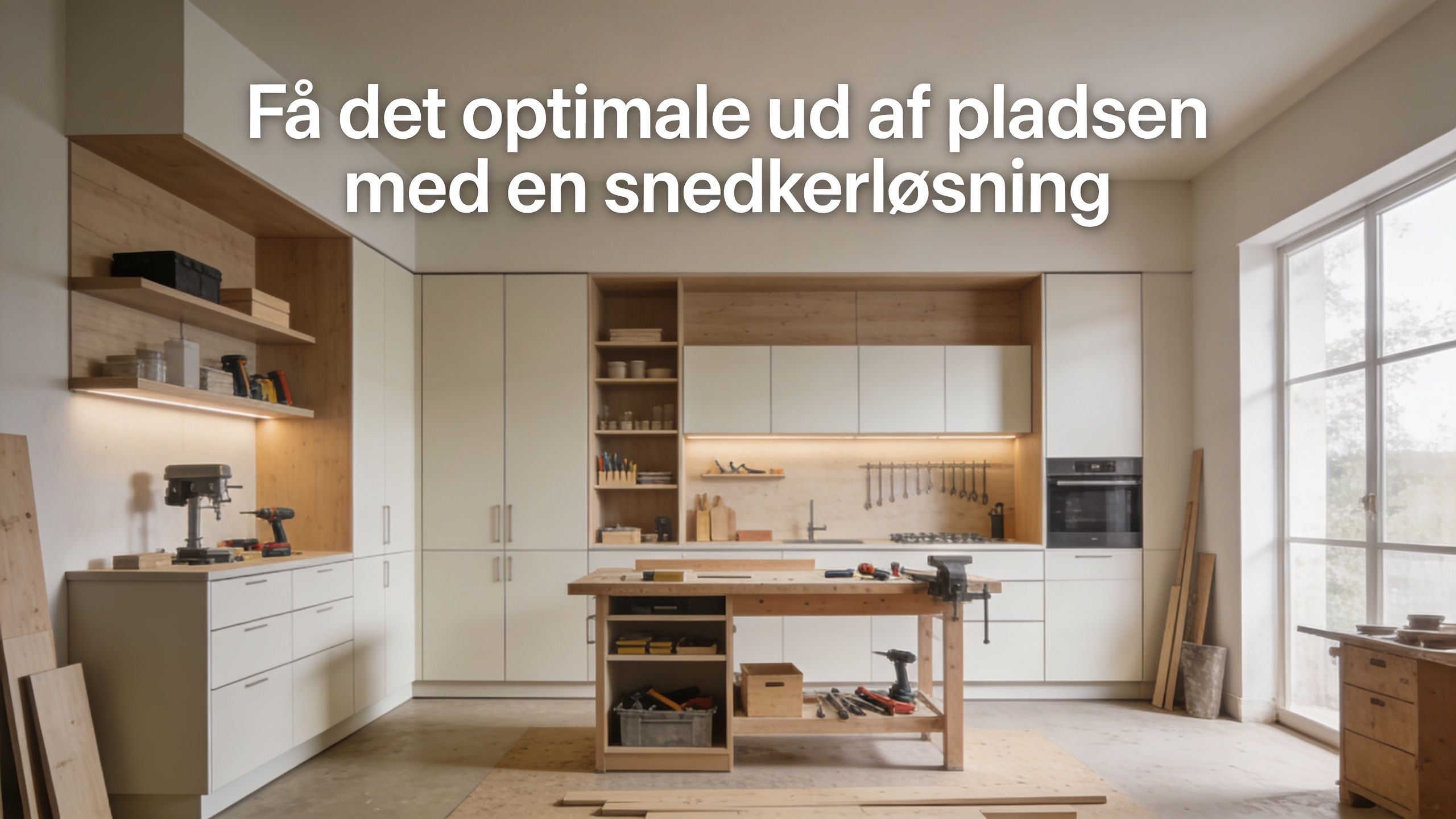 Moderne værksted og køkken i et snedkerkøkken design, der udnytter pladsen optimalt med smarte opbevaringsløsninger.