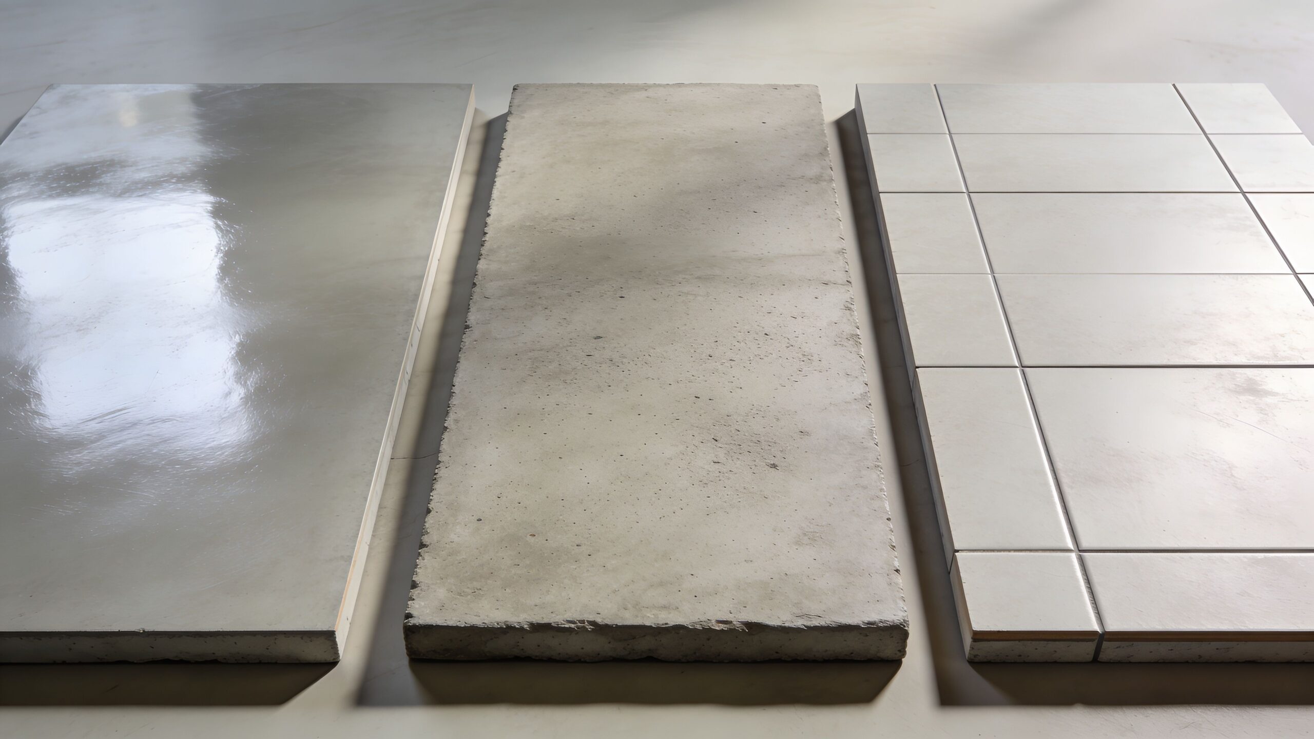 Tre forskellige typer gulvoverflader vist ved siden af hinanden, herunder epoxy, rå beton og flisebelægning.